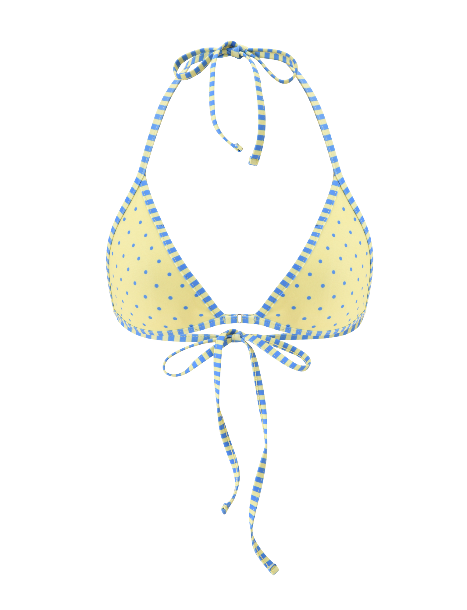 The DIANA BIKINI TOP - LEMON AND BLUEBERRY SPOT by TIGERMIST features a yellow and blue polka dot design with blue and white striped halter straps that tie at the neck and back.