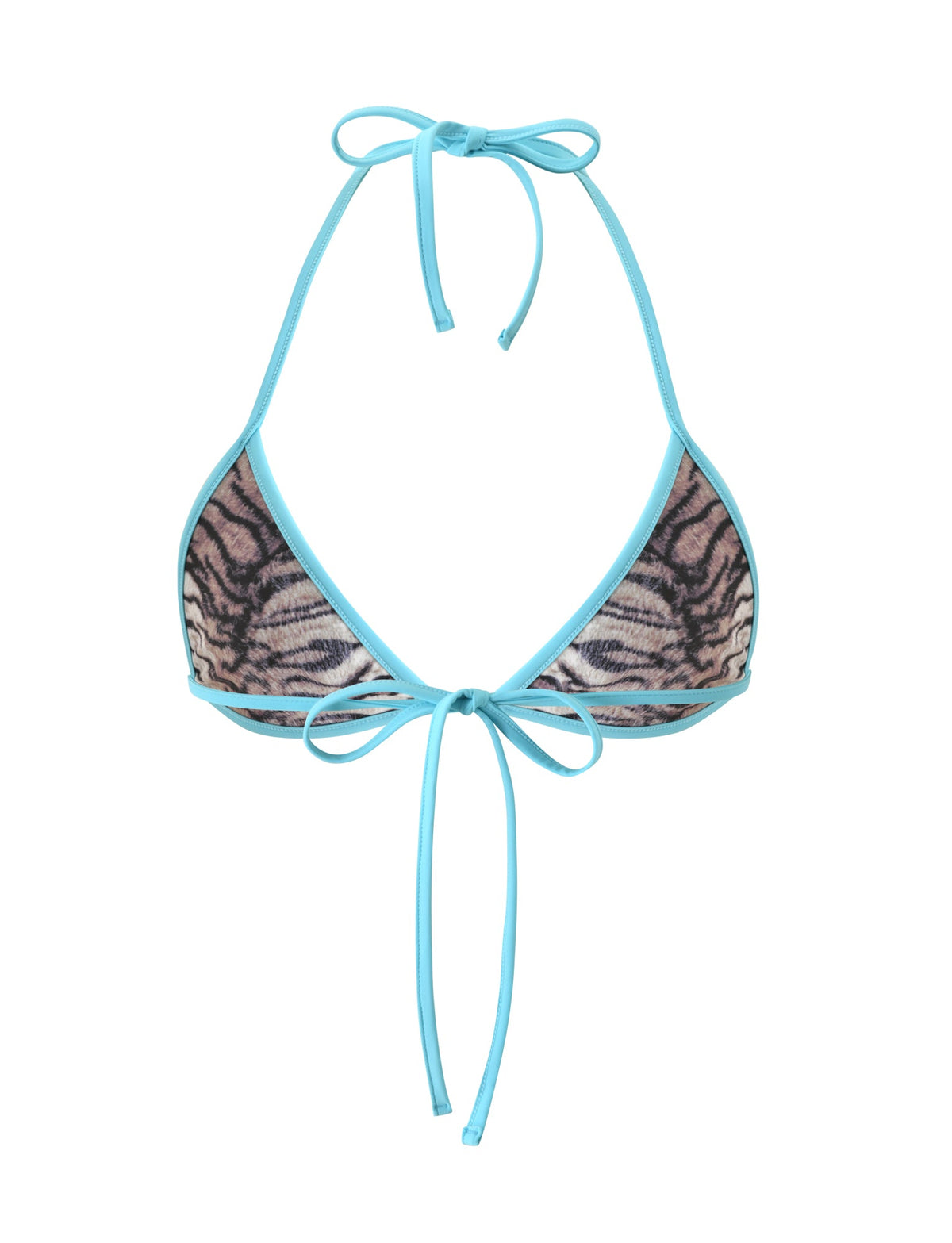 DIANA BIKINI TOP - NEUTRAL TIGER in a brown and black ombre tiger stripe print with bright blue straps and trim.