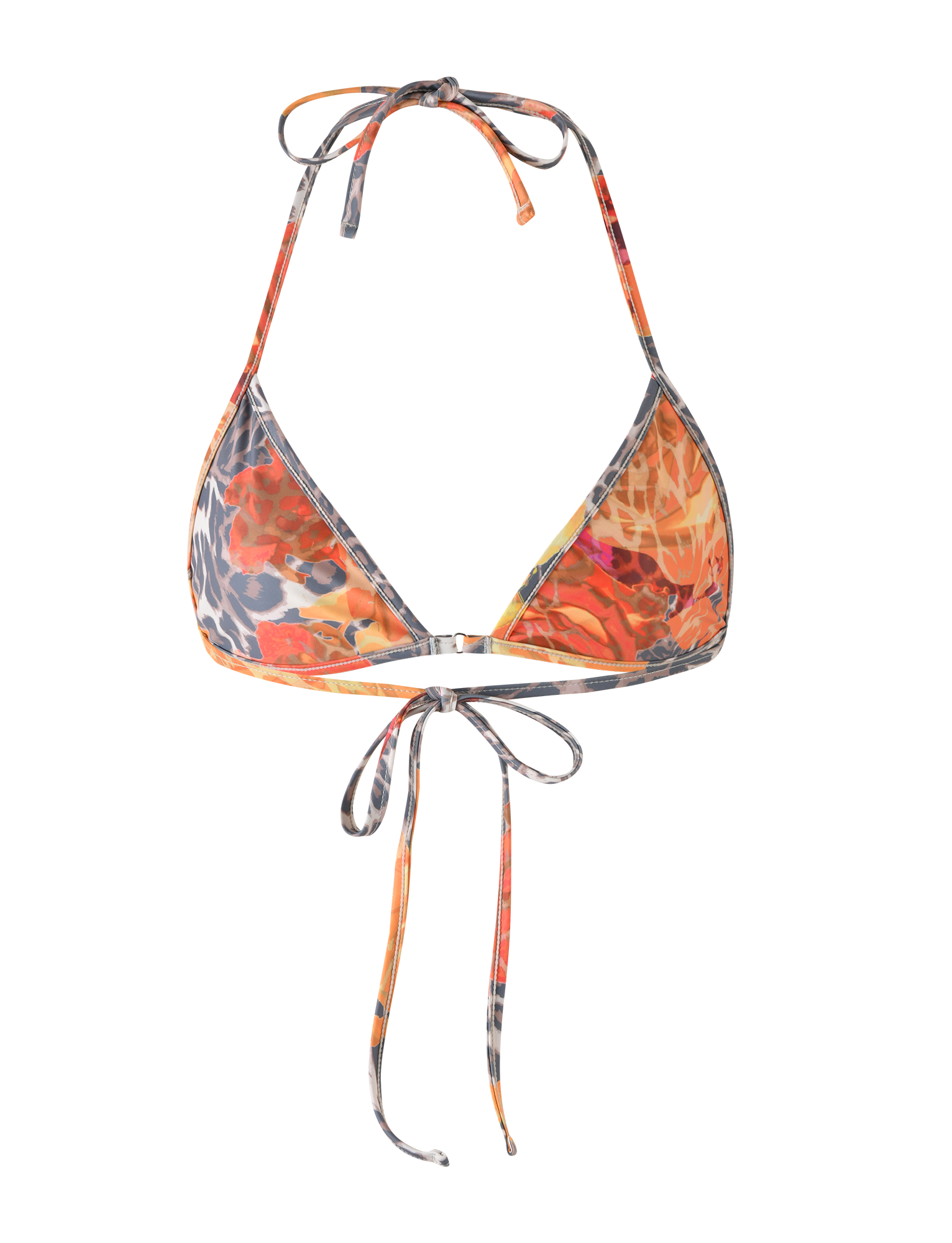 The TIGERMIST DIANA BIKINI TOP - MULTI : LEOPARD : ORANGE LEOPARD features an abstract orange, gray, and yellow leopard print with triangle cups and halter neck and back tie straps, shown on a white background.