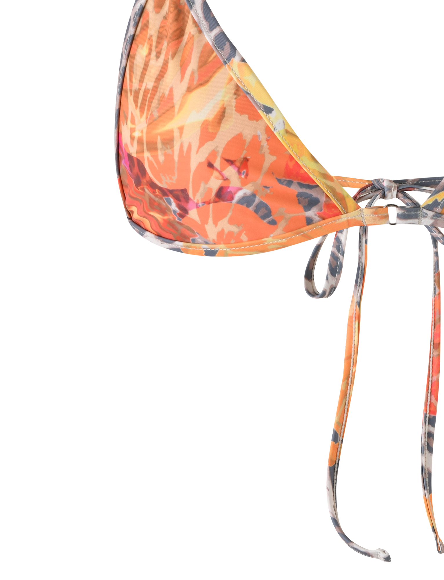 The DIANA BIKINI TOP by TIGERMIST features orange and yellow floral designs with orange leopard print and thin bow-tied straps, shown on a transparent background.
