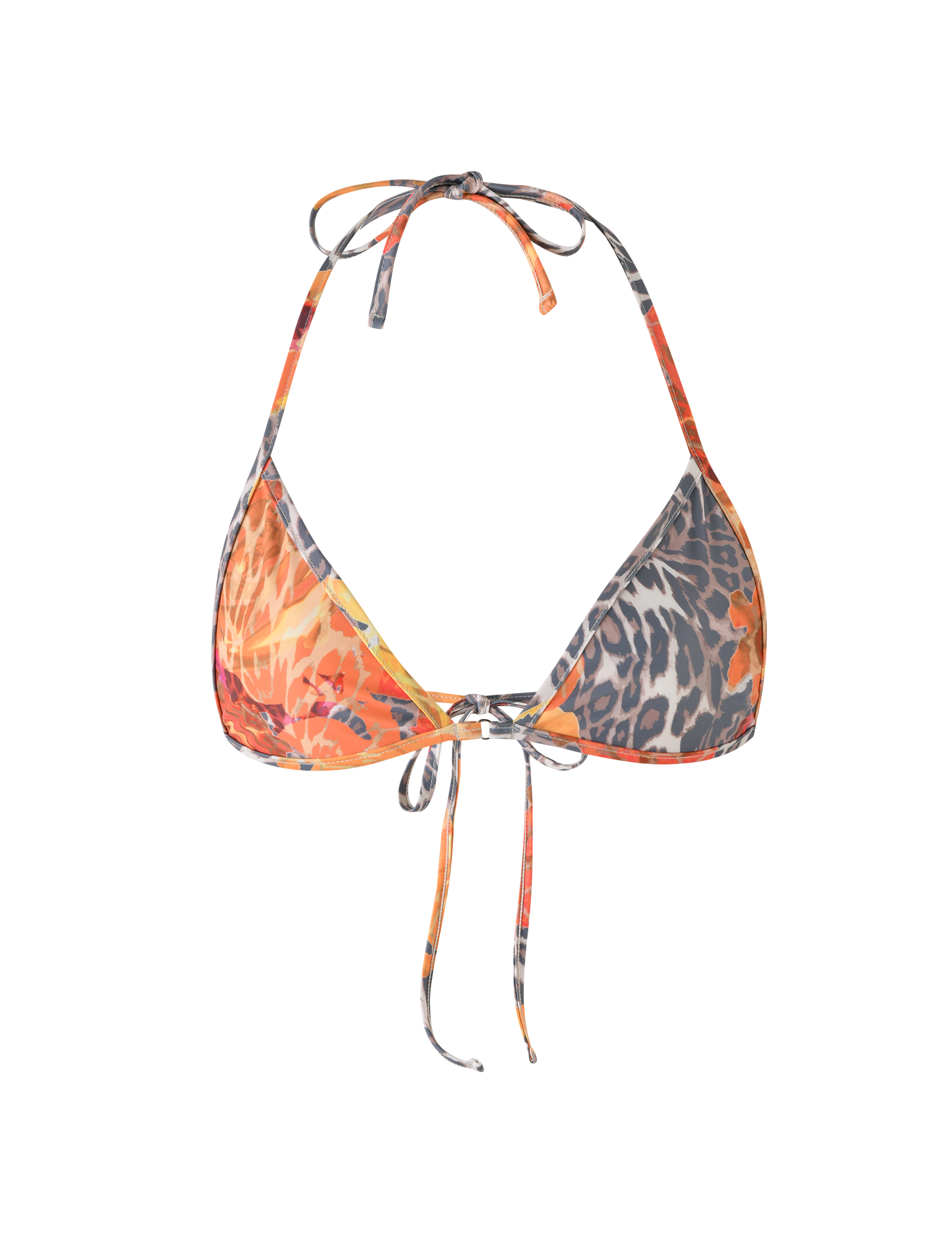 The DIANA BIKINI TOP by TIGERMIST features a halter neck, tie back, and a striking orange leopard print with gray animal patterns.