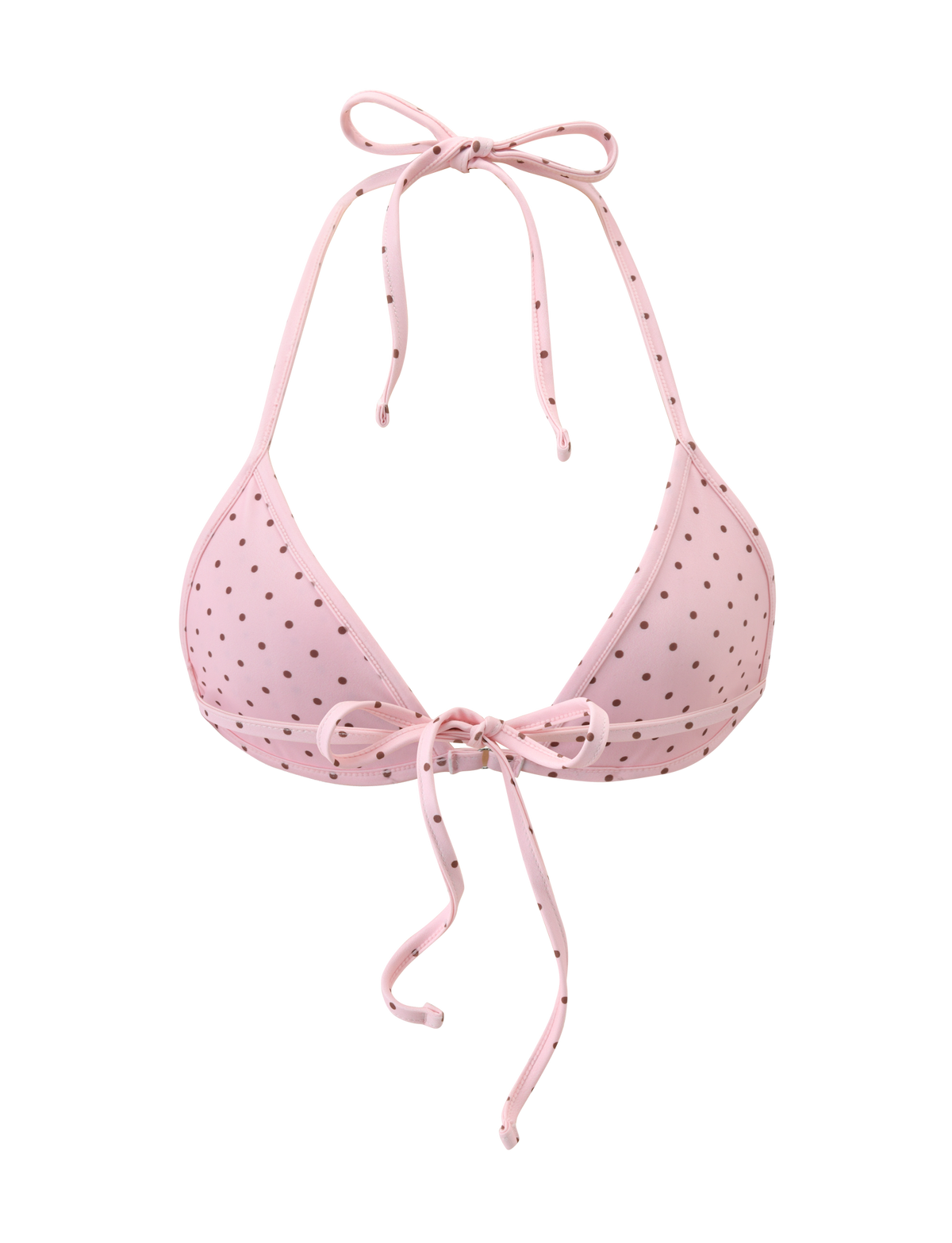 The DIANA BIKINI TOP - PINK POLKA DOT by TIGERMIST features a light pink triangle design with small black polka dots, a halter neck, and front tie straps, shown on a plain white background.
