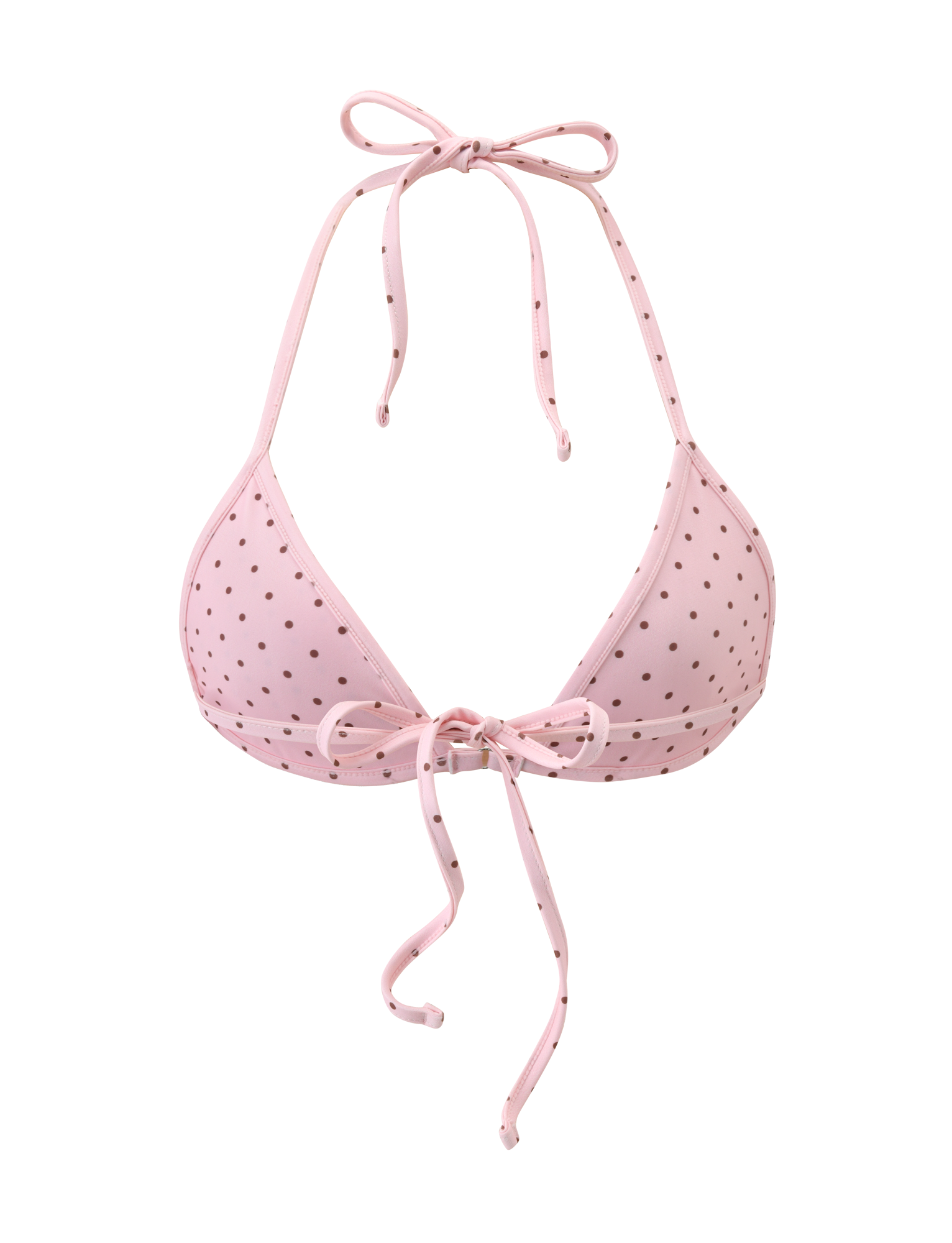 The DIANA BIKINI TOP - PINK POLKA DOT by TIGERMIST features a light pink triangle design with small black polka dots, a halter neck, and front tie straps, shown on a plain white background.