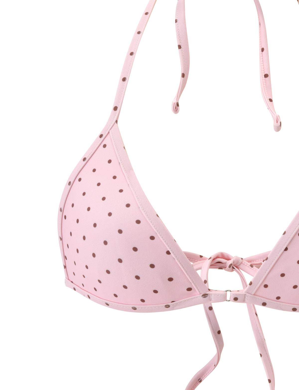 A close-up of the TIGERMIST DIANA BIKINI TOP - PINK POLKA DOT, a classic triangle bikini with adjustable neck and back straps and a center bow detail.