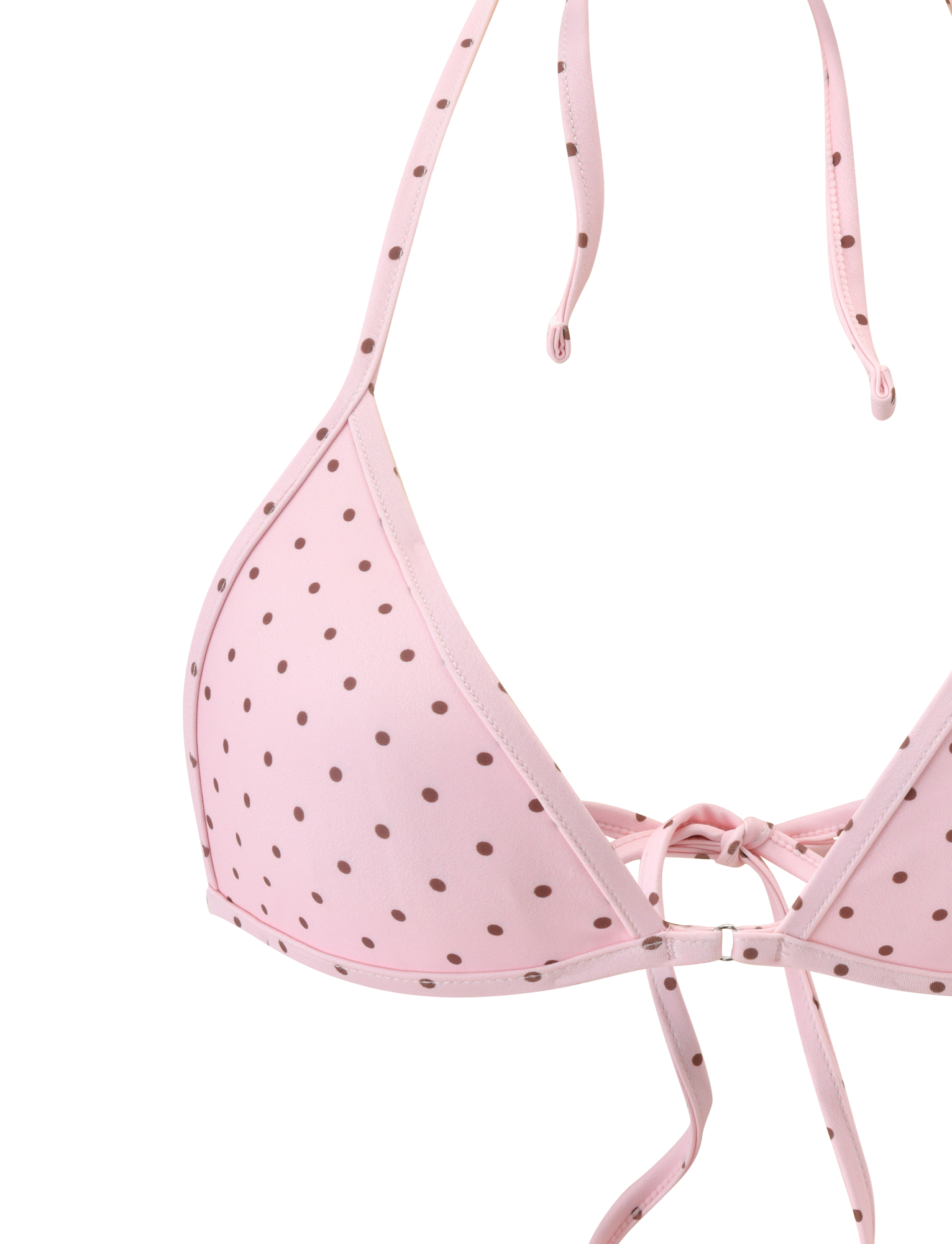 A close-up of the TIGERMIST DIANA BIKINI TOP - PINK POLKA DOT, a classic triangle bikini with adjustable neck and back straps and a center bow detail.