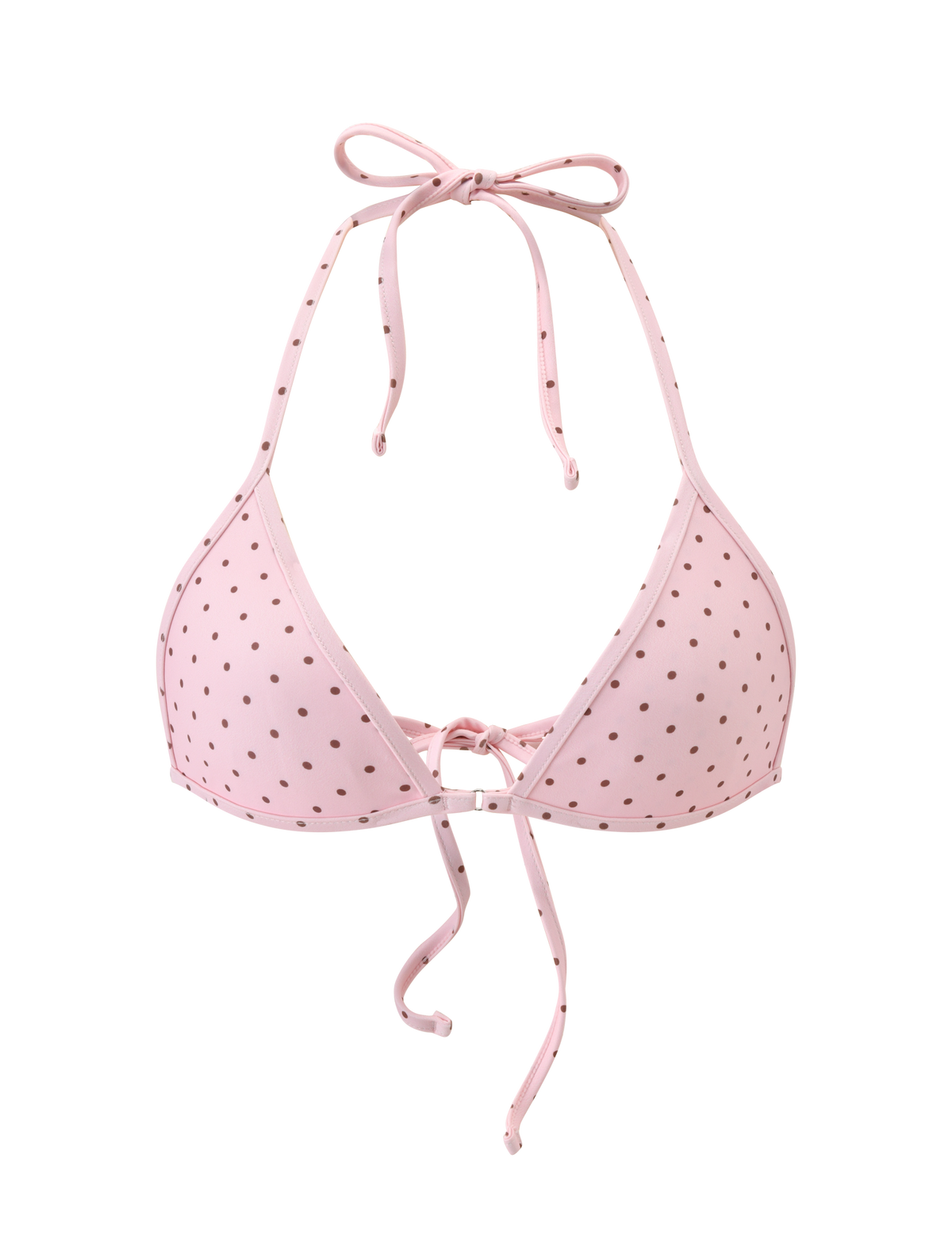 The DIANA BIKINI TOP - PINK POLKA DOT by TIGERMIST features thin straps, a halter neck tie, a flattering triangle shape, and a front tie in a light pink polka dot design.