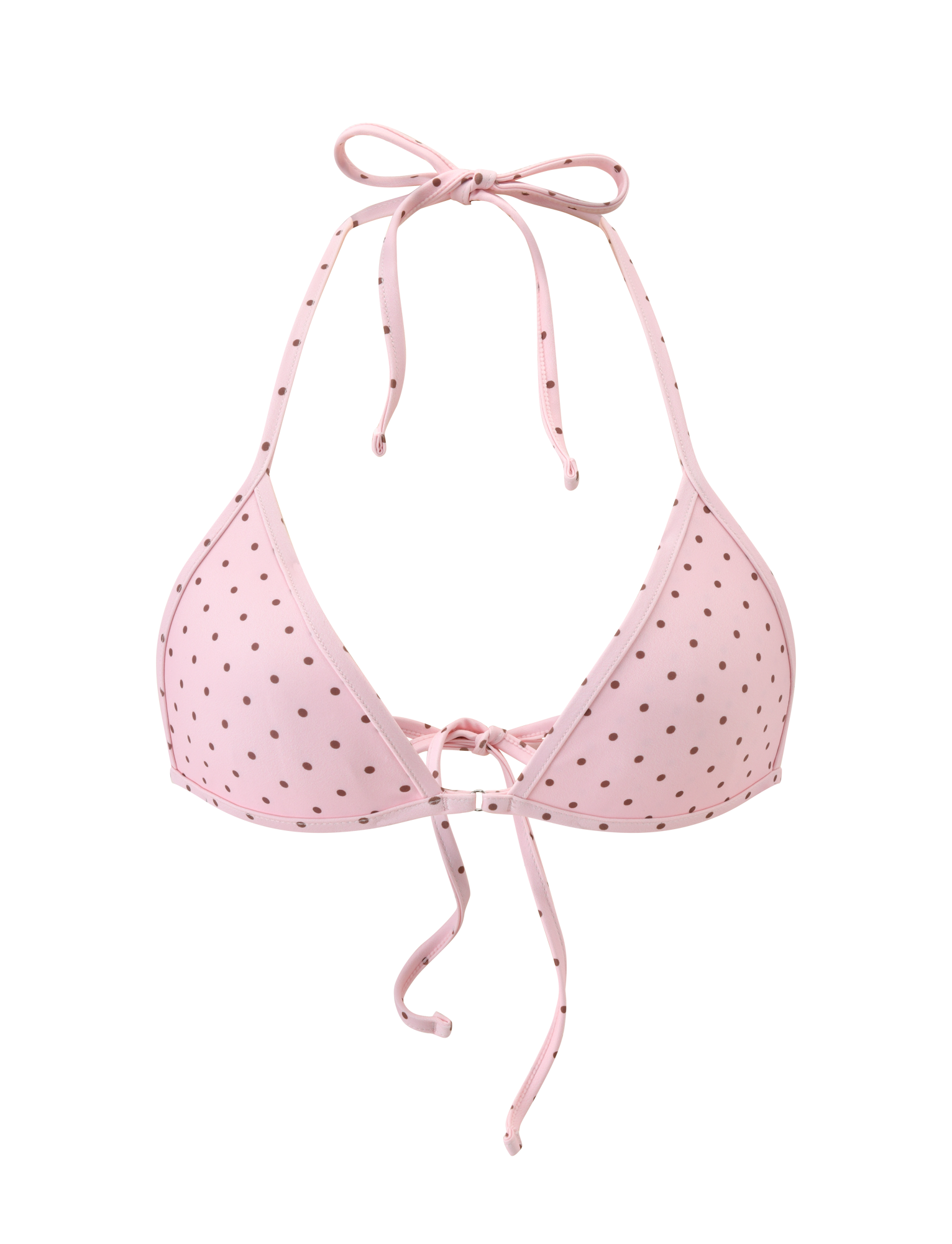 The DIANA BIKINI TOP - PINK POLKA DOT by TIGERMIST features thin straps, a halter neck tie, a flattering triangle shape, and a front tie in a light pink polka dot design.