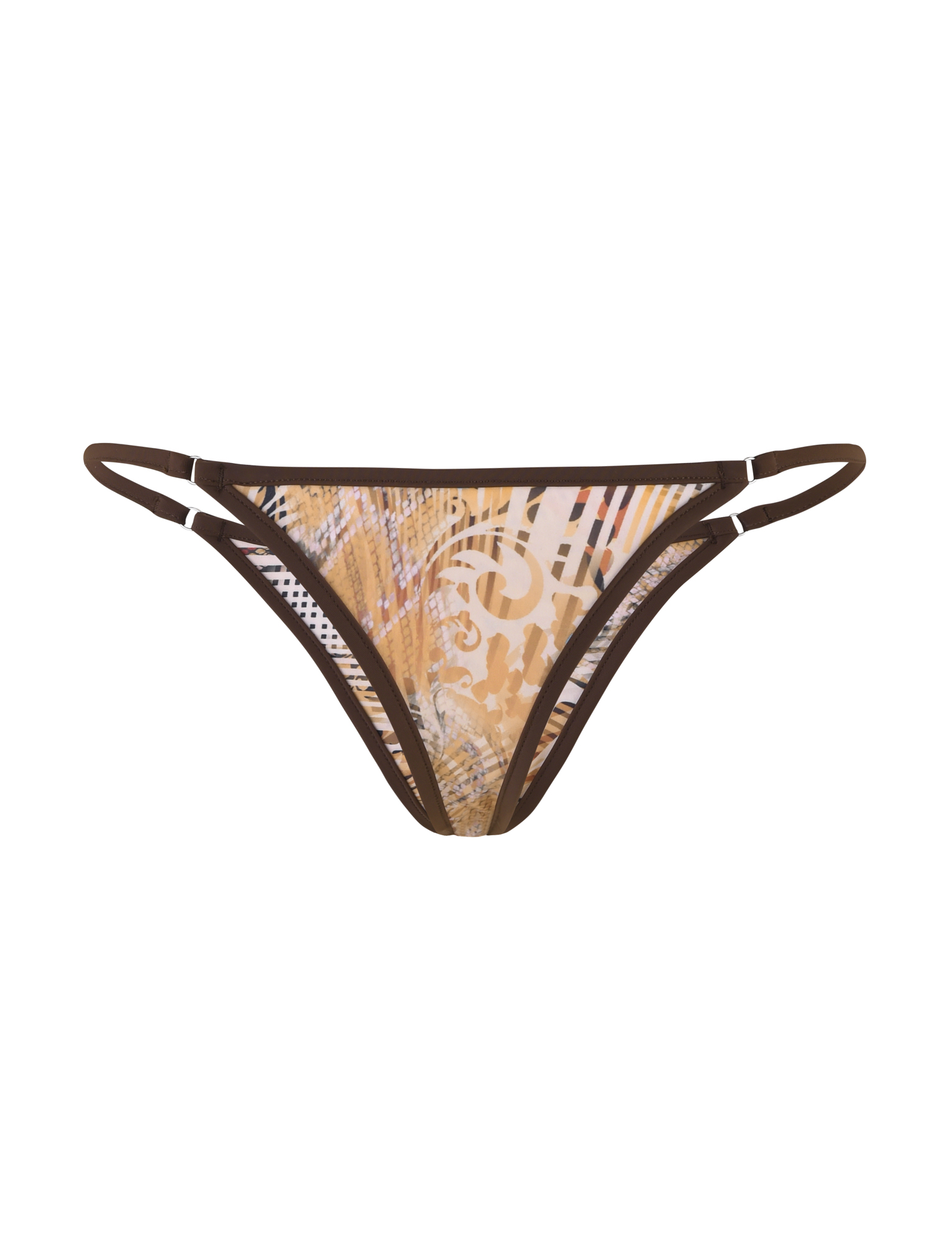 The DIANA BIKINI BOTTOM by TIGERMIST features a flattering low-rise fit, brown border with side straps, and an abstract animal marble print in beige, tan, and orange.