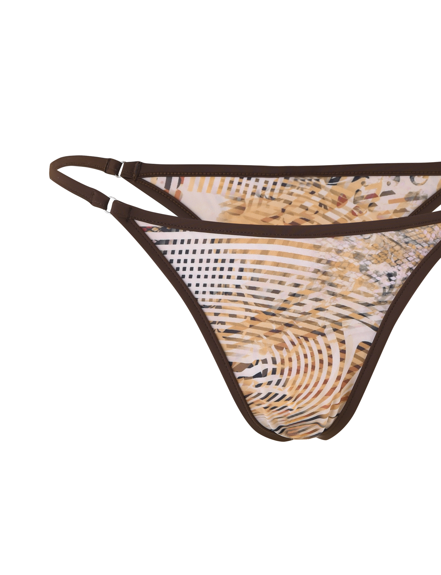 A close-up of the TIGERMIST DIANA BIKINI BOTTOM in Animal Marble, featuring brown straps and a neutral beige and brown abstract animal print, displayed on a white background.