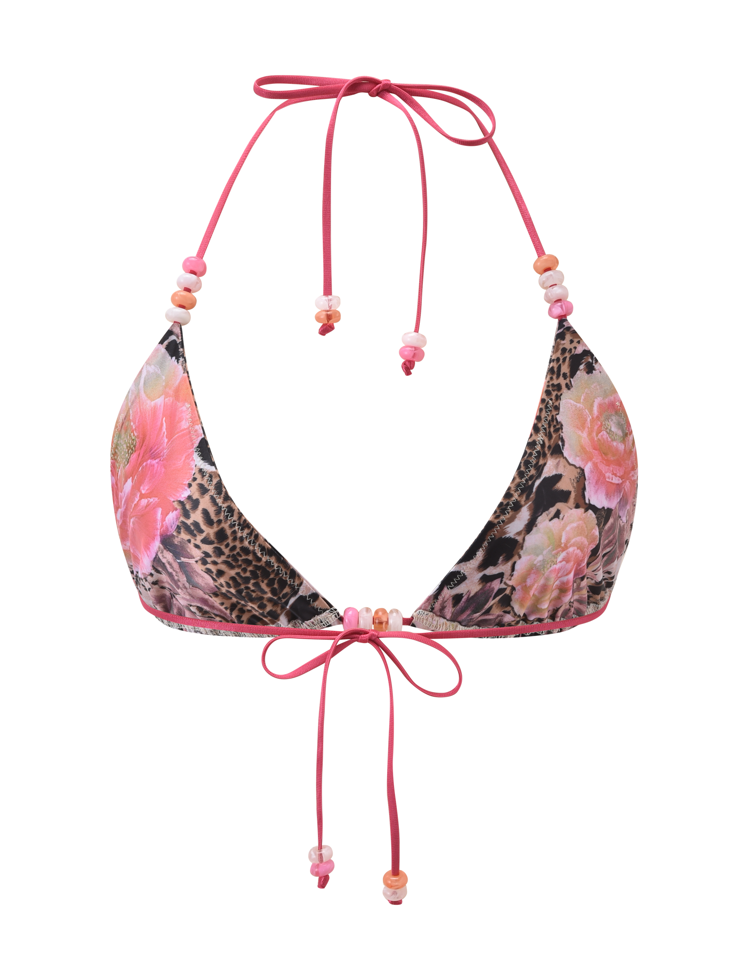 The FINLEA BIKINI TOP - ANIMALIER FLORAL by TIGERMIST features a floral animal print, pink straps, pink and orange floral patterns with leopard accents, and beaded halter neck ties that fasten at the neck and back.