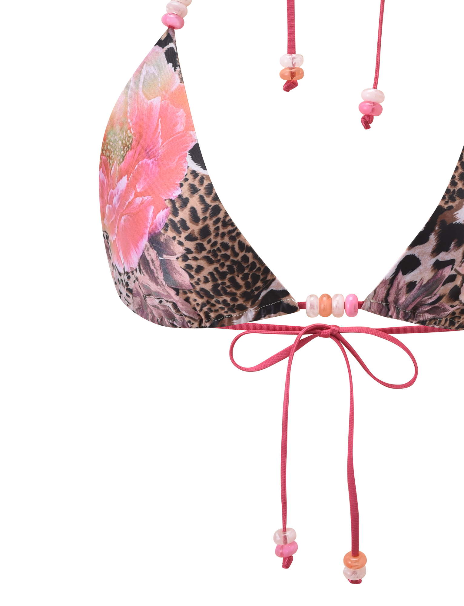 Close-up of the TIGERMIST FINLEA BIKINI TOP - ANIMALIER FLORAL, featuring a triangle cut with leopard spots, bold pink flowers, pink string ties with peach bead accents, and a fashionable halter neck design.