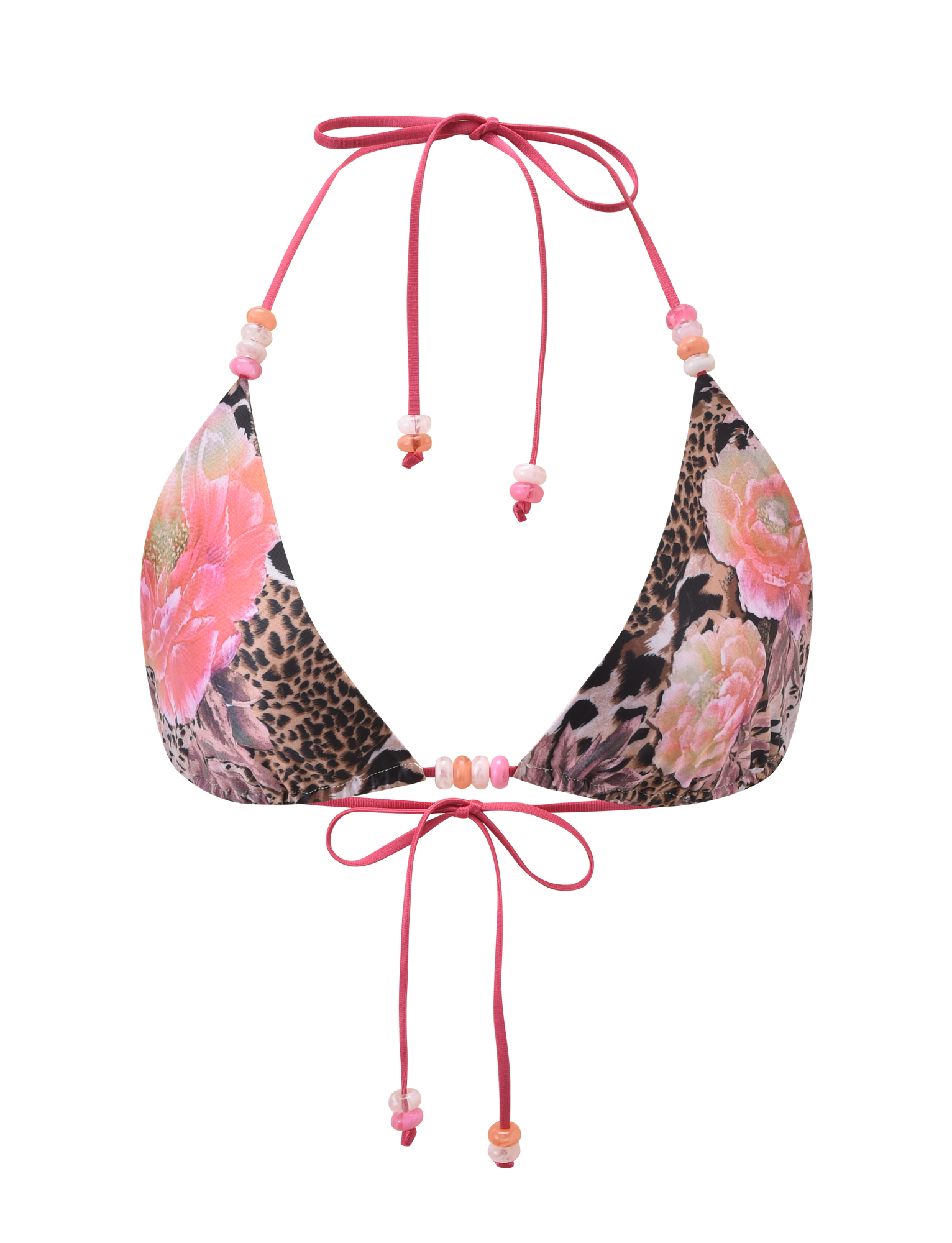 The FINLEA BIKINI TOP - ANIMALIER FLORAL by TIGERMIST is a triangle bikini top with a pink floral animal print, halter neck string ties, and pink and peach bead accents.