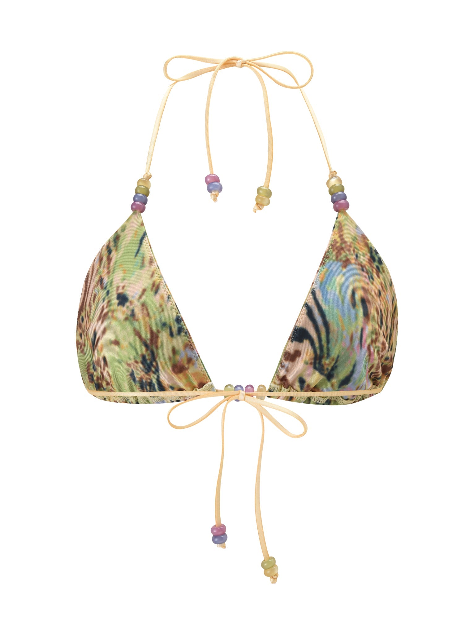The FINLEA BIKINI TOP - ANIMAL SWIRL by TIGERMIST is a triangle bikini top with a vibrant yellow animal print, featuring thin halter neck and back ties accented with purple, green, and yellow beads.