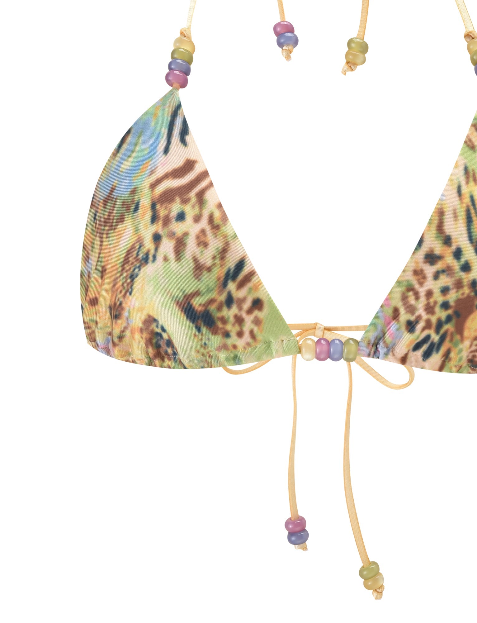 Close-up of the TIGERMIST FINLEA BIKINI TOP - ANIMAL SWIRL: a colorful yellow animal print triangle bikini top with thin yellow straps decorated with pastel green, purple, and yellow beads. Shown on a white background.
