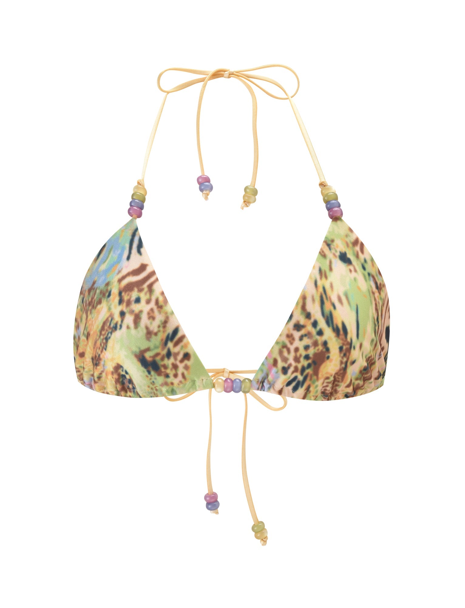 The FINLEA BIKINI TOP - ANIMAL SWIRL by TIGERMIST features a colorful yellow animal print, halter neck, adjustable yellow strings, and pastel bead accents on the ties and center, shown on a white background.