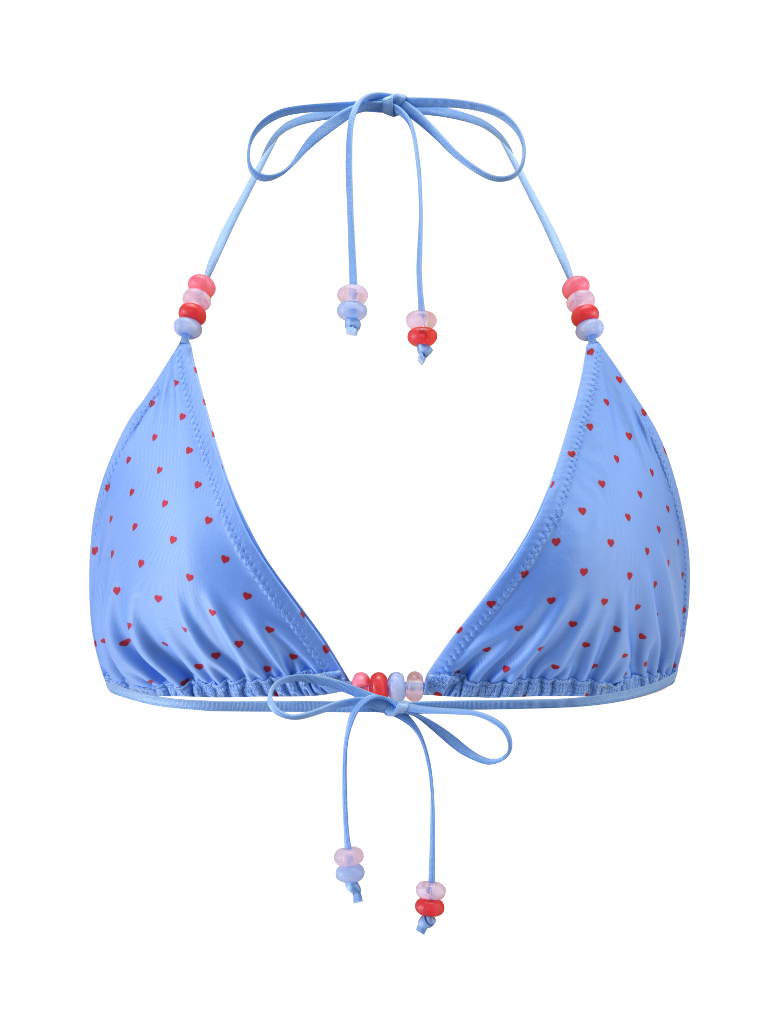 The FINLEA BIKINI TOP by TIGERMIST features a blue halter neck design with heart-shaped red polka dots, adjustable strings, and pink and red bead accents, shown against a plain white background.