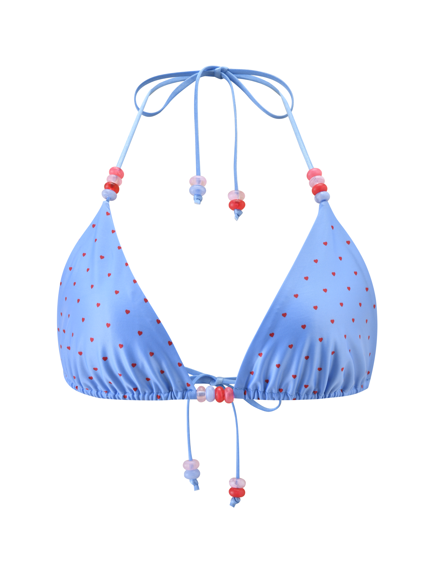 The FINLEA BIKINI TOP - BLUE HEART POLKA DOT by TIGERMIST is a light blue triangle bikini top with heart polka dots, adjustable halter neck, front ties with pink, red, and purple beads. Shown on a plain white background.
