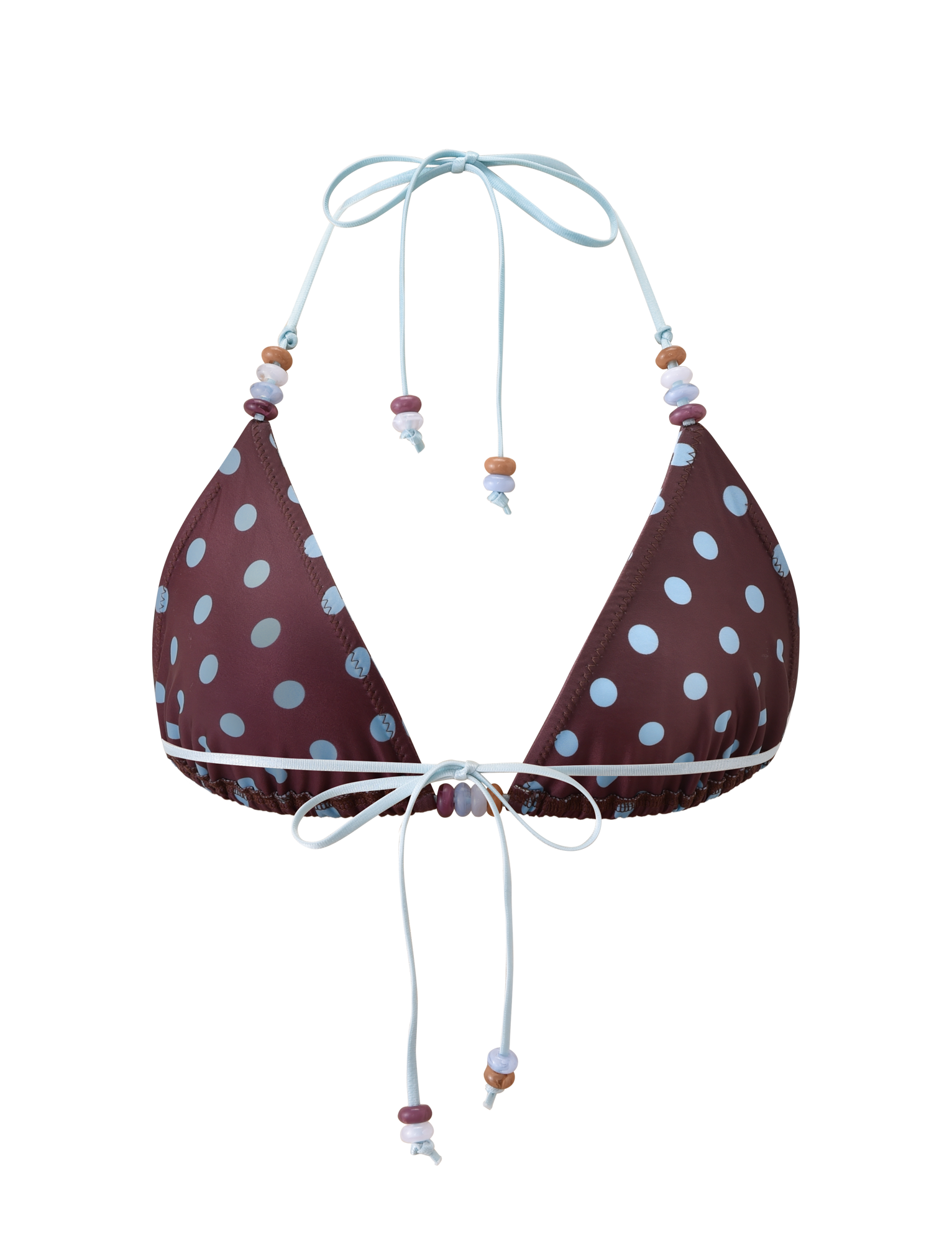 The FINLEA BIKINI TOP by TIGERMIST features brown and blue polka dots, light blue adjustable halter neck straps, and pastel beads on the ties for a playful, chic look.