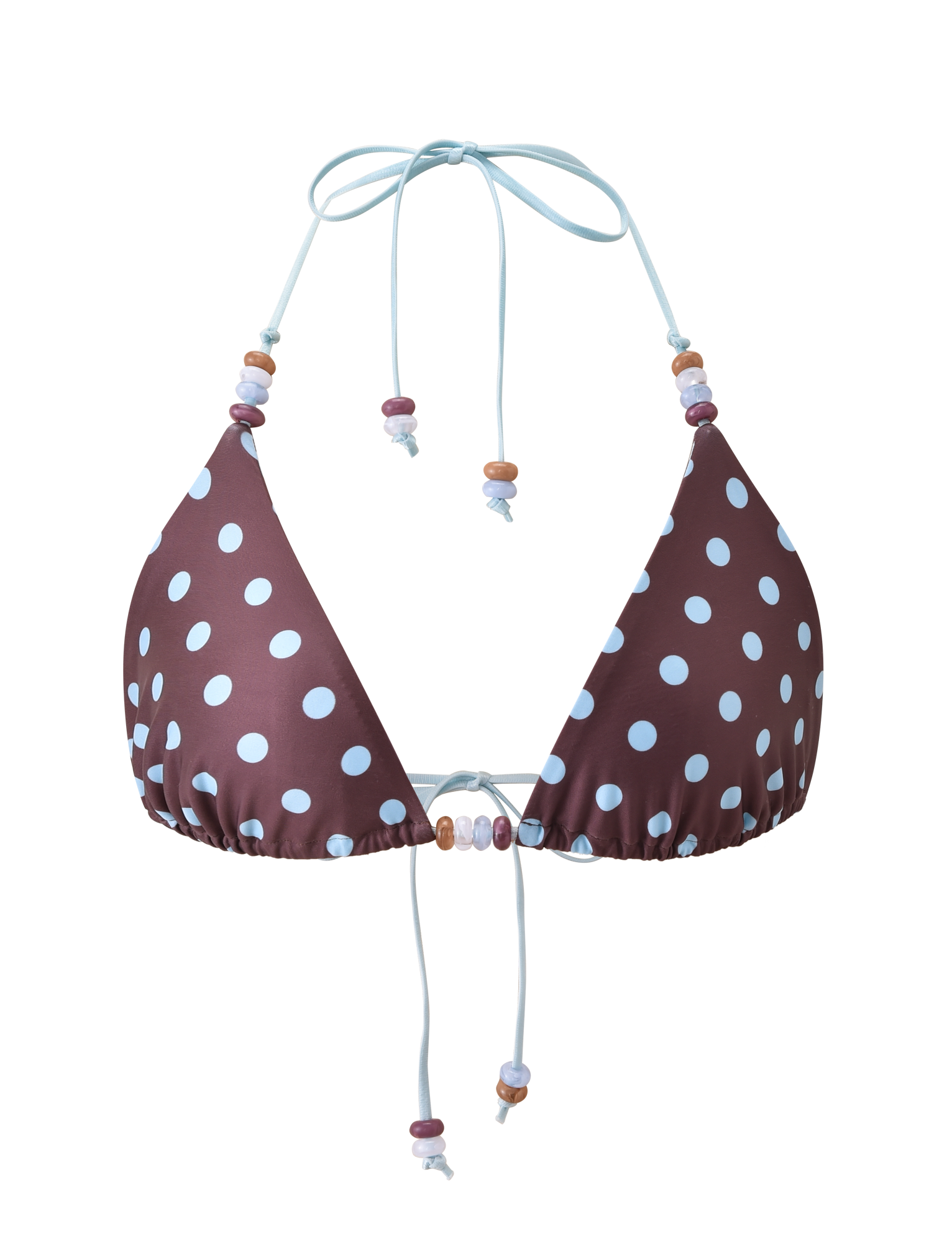 The TIGERMIST FINLEA BIKINI TOP - BROWN AND BLUE POLKA DOT features white spots, light blue straps, colorful bead accents, and a halter triangle design. It is displayed on a white background.