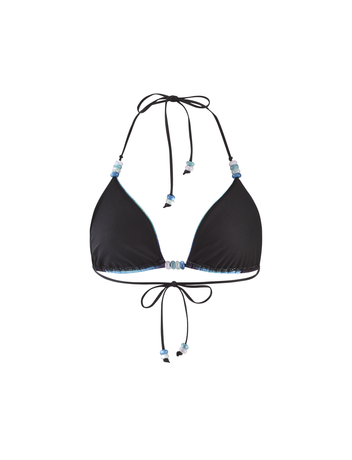 The TIGERMIST FINLEA BIKINI TOP - BLACK : BUTTERFLY features a black triangle design with light blue trim, halter neck ties, and blue and white bead accents on the straps and front, shown against a white background.