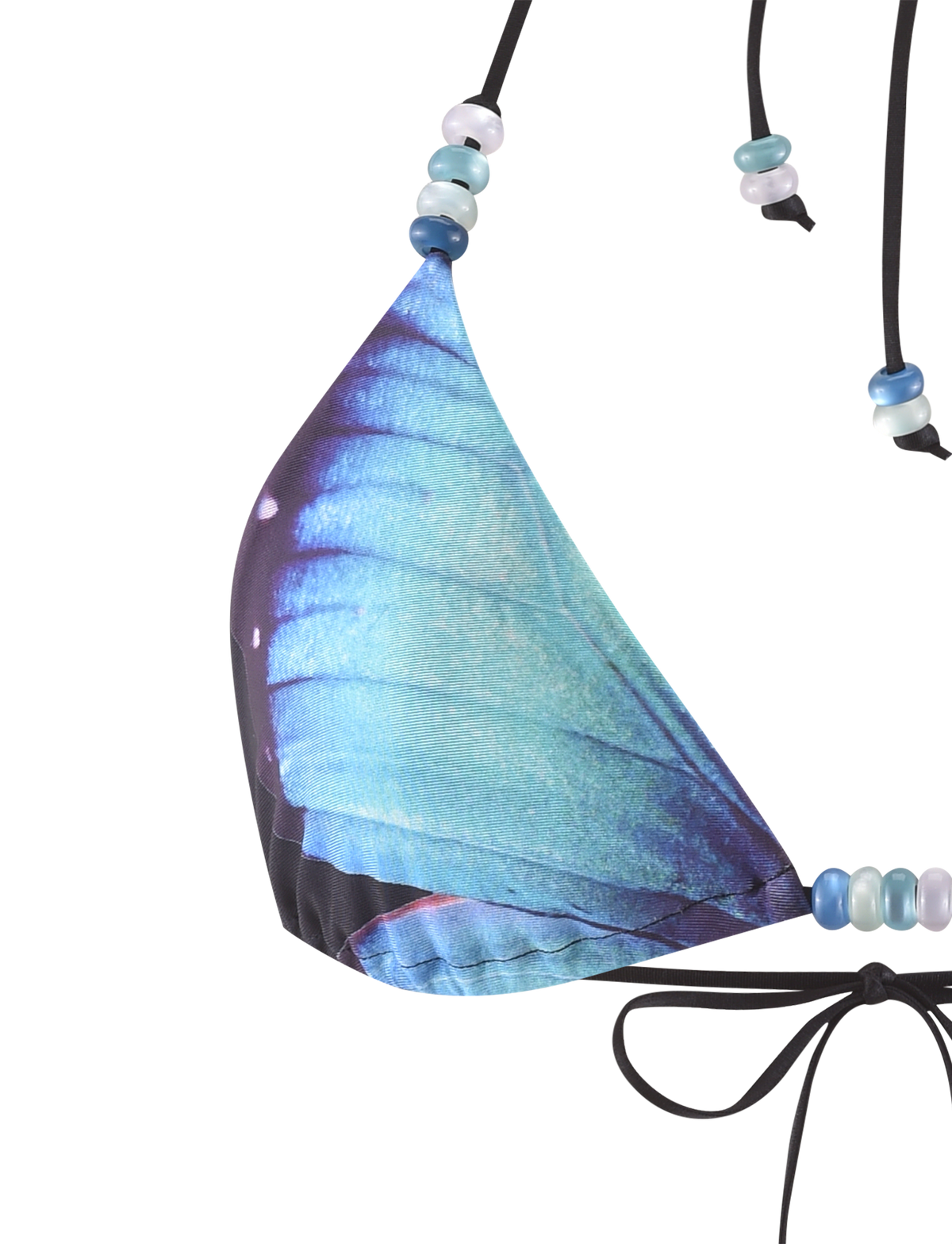 The FINLEA BIKINI TOP - BLACK : BUTTERFLY by TIGERMIST is a triangle bikini top with a blue butterfly wing print, halter neck, light blue and white beaded straps, and a black string tie at the bottom.