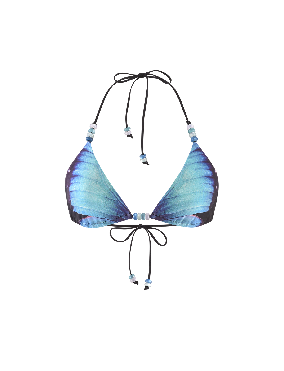 The FINLEA BIKINI TOP - BLACK : BUTTERFLY by TIGERMIST features a blue butterfly wing print, adjustable straps, and small decorative beads.