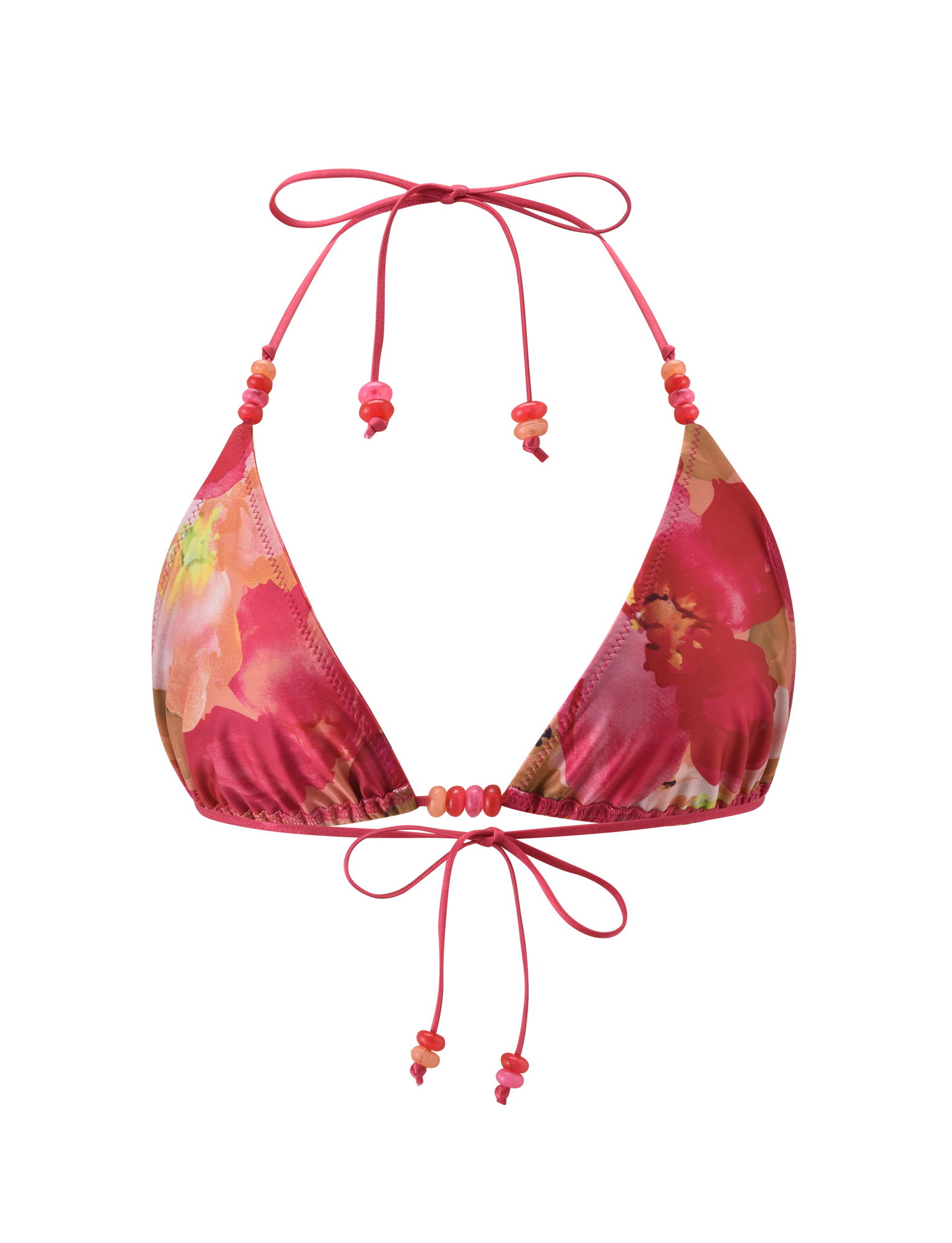 The FINLEA BIKINI TOP - DAIQUIRI FLORAL by TIGERMIST features a colorful floral print in pink, orange, and red, with a triangle silhouette and thin adjustable neck and back ties embellished with small pink beads.