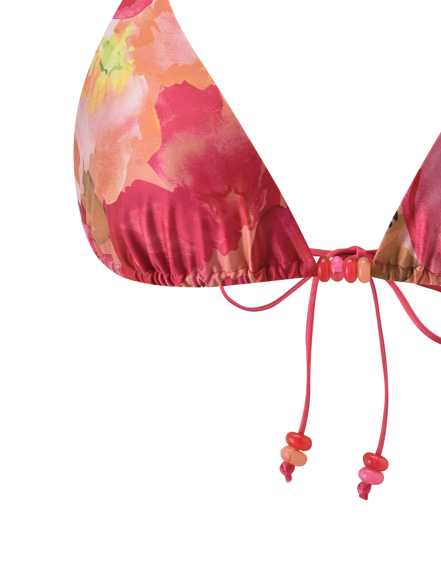 Close-up of the FINLEA BIKINI TOP - DAIQUIRI FLORAL by TIGERMIST, featuring a pink and orange floral print and beaded tie strings, set against a white background.