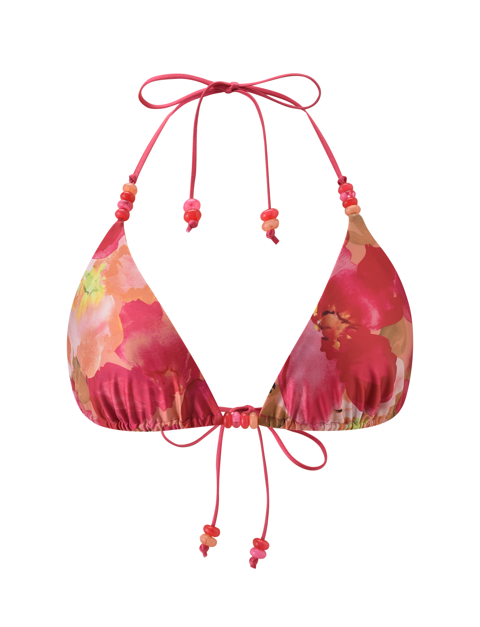 The FINLEA BIKINI TOP - DAIQUIRI FLORAL by TIGERMIST is a triangle bikini top with pink, red, and yellow floral print and beaded string ties at the neck and back.