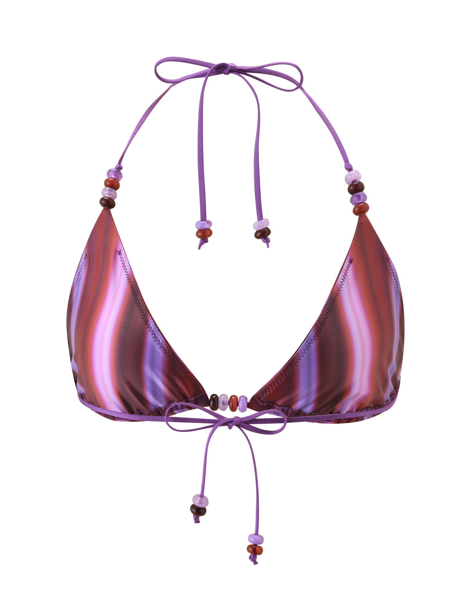 The TIGERMIST FINLEA BIKINI TOP - DUSK OMBRE STRIPE features shiny pink and purple stripes, halter ties with bead accents, and a flattering adjustable triangle silhouette.