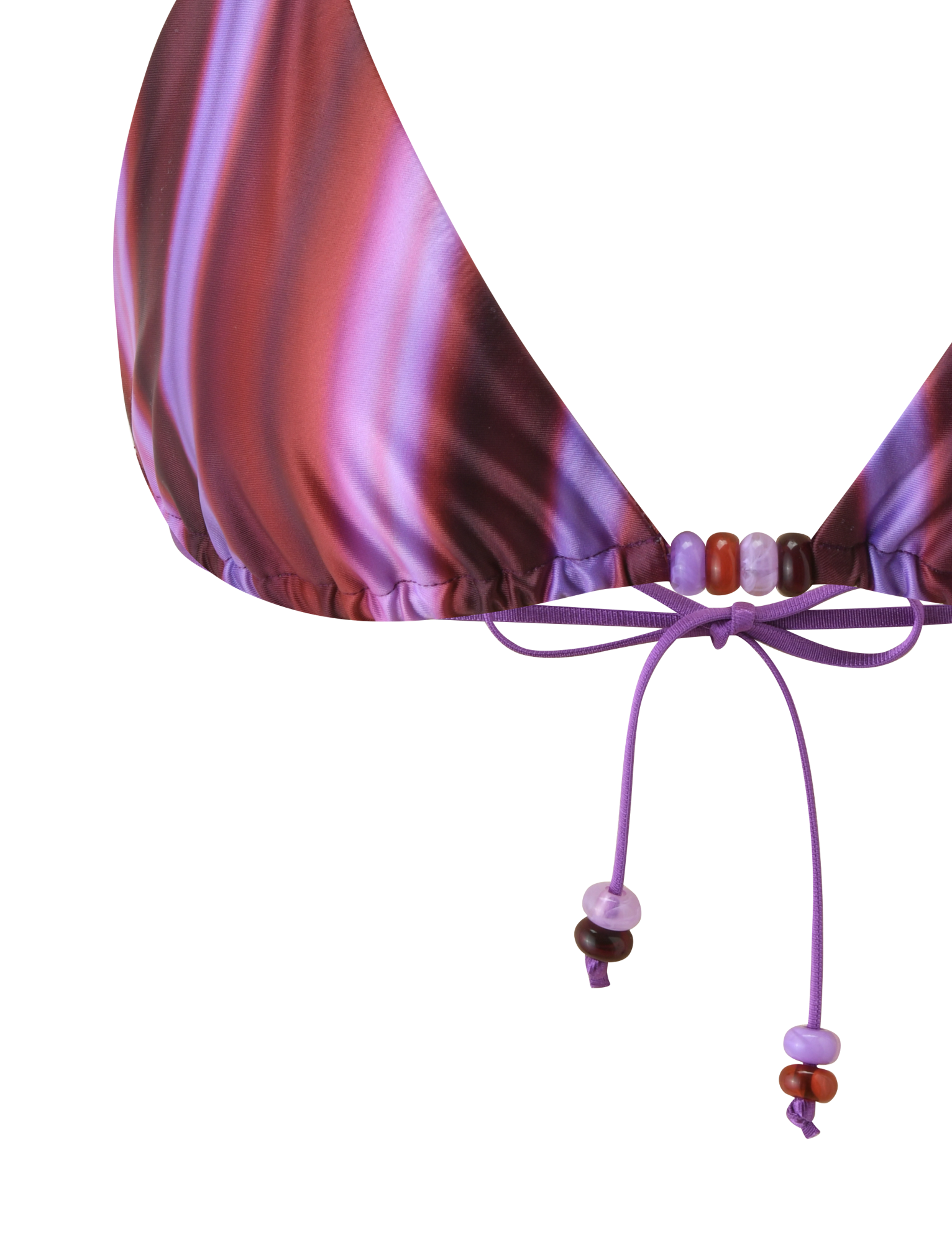 Close-up of the TIGERMIST FINLEA BIKINI TOP - DUSK OMBRE STRIPE in purple and pink gradients, featuring an adjustable triangle shape and drawstring tie with small purple and red beads.