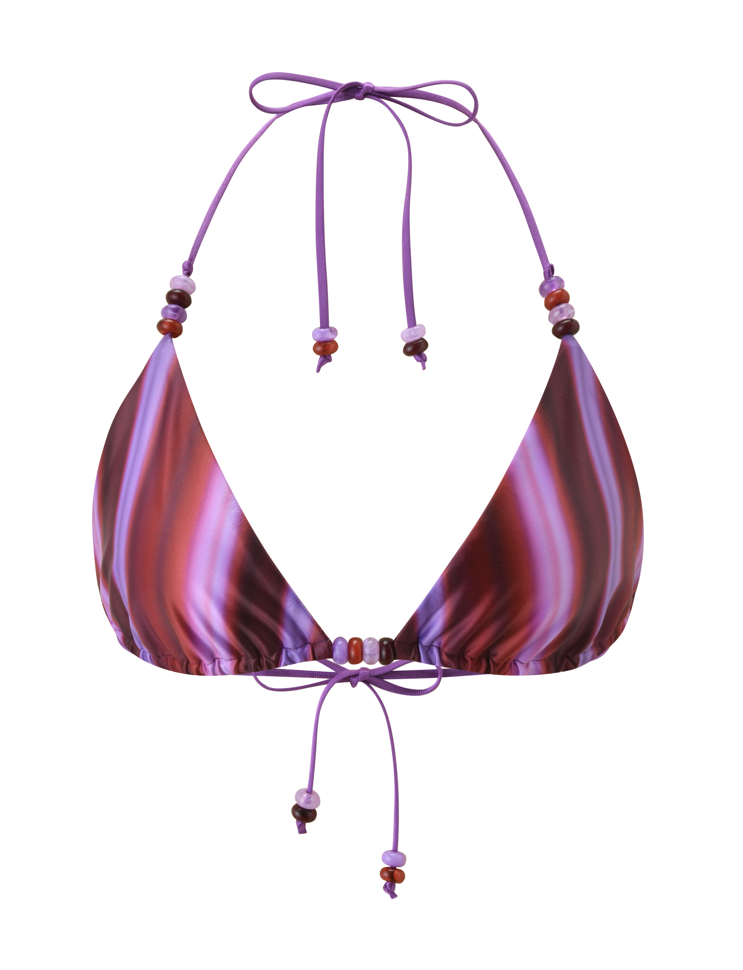 The TIGERMIST FINLEA BIKINI TOP - DUSK OMBRE STRIPE features purple and pink stripes, thin halter neck and back ties with colorful beads, and an adjustable triangle fit for customizable comfort.