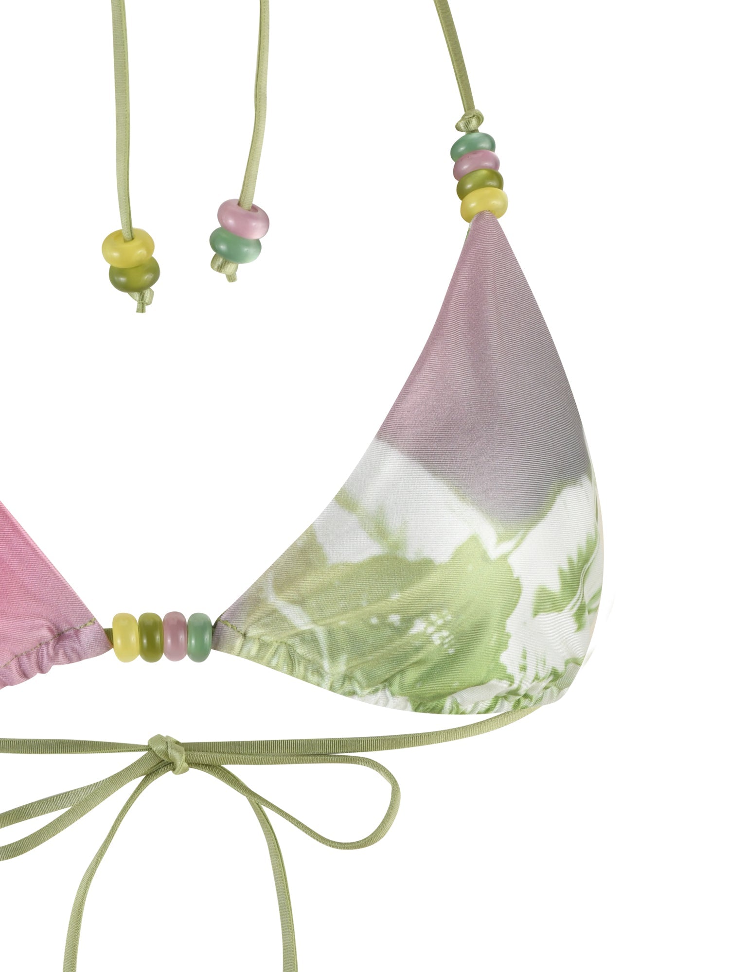 Close-up of the FINLEA BIKINI TOP by TIGERMIST, featuring an adjustable triangle silhouette with a vibrant tropical floral print in pink, green, and white. The light green straps are stylishly adorned with pink, green, and yellow beads, enhancing the playful design. The ties stand out clearly against the plain white background.