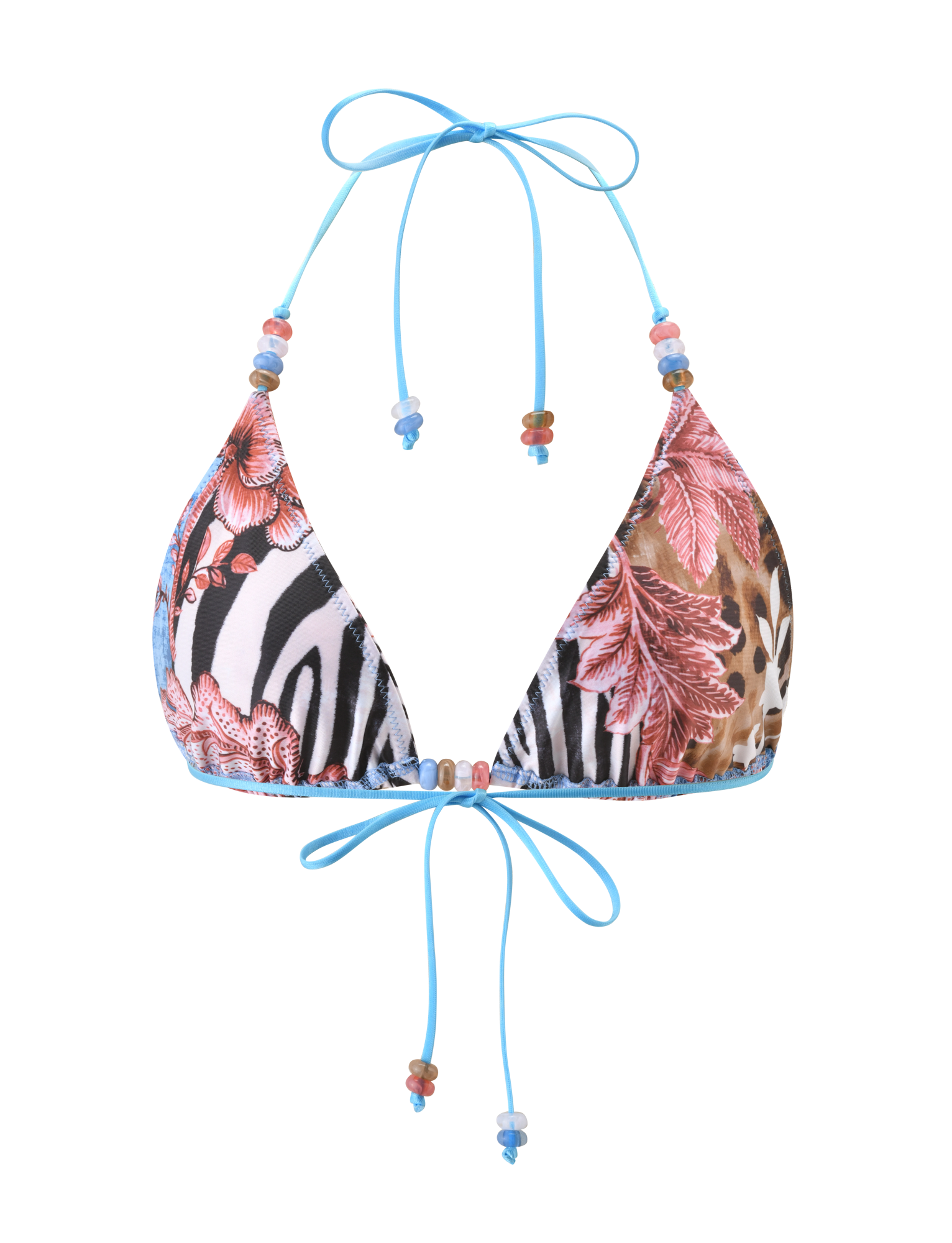The FINLEA BIKINI TOP - GLOBAL ANIMAL HAZE by TIGERMIST is an adjustable triangle top with blue string ties, colorful beads, and bold zebra, leopard, and floral prints for a vibrant style.