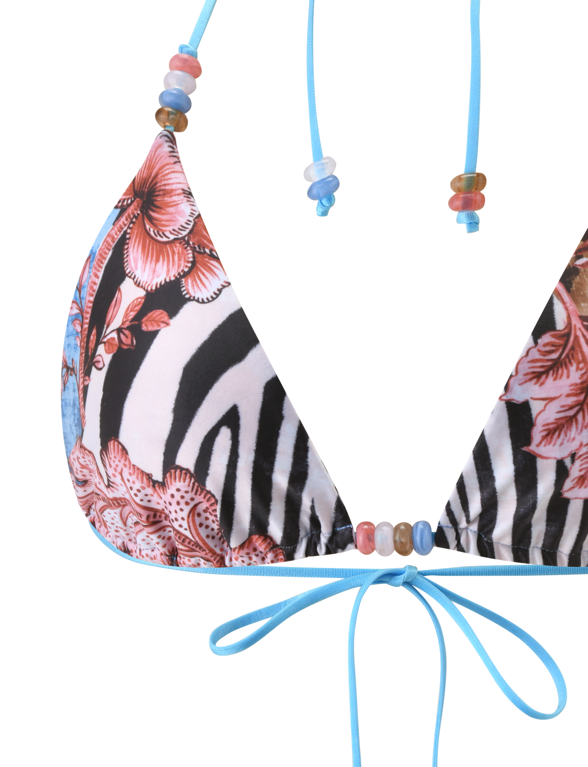 Close-up of the TIGERMIST FINLEA BIKINI TOP - GLOBAL ANIMAL HAZE, an adjustable triangle top with blue string ties, featuring animal and floral prints plus multicolored bead accents on the straps.