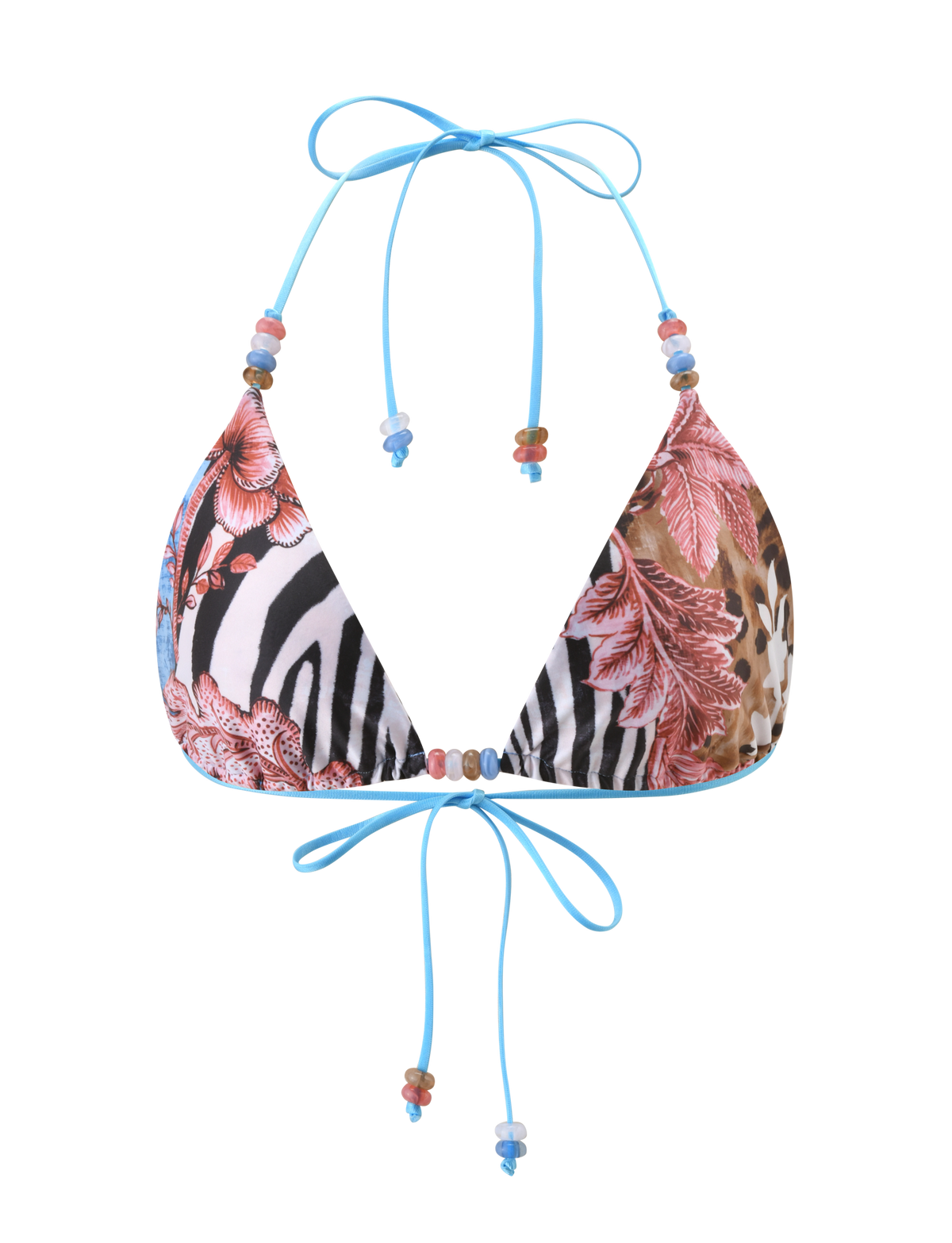 The FINLEA BIKINI TOP - GLOBAL ANIMAL HAZE by TIGERMIST features mixed animal and floral prints, adjustable triangle cups, light blue string ties, and colorful beads at the neck and chest.