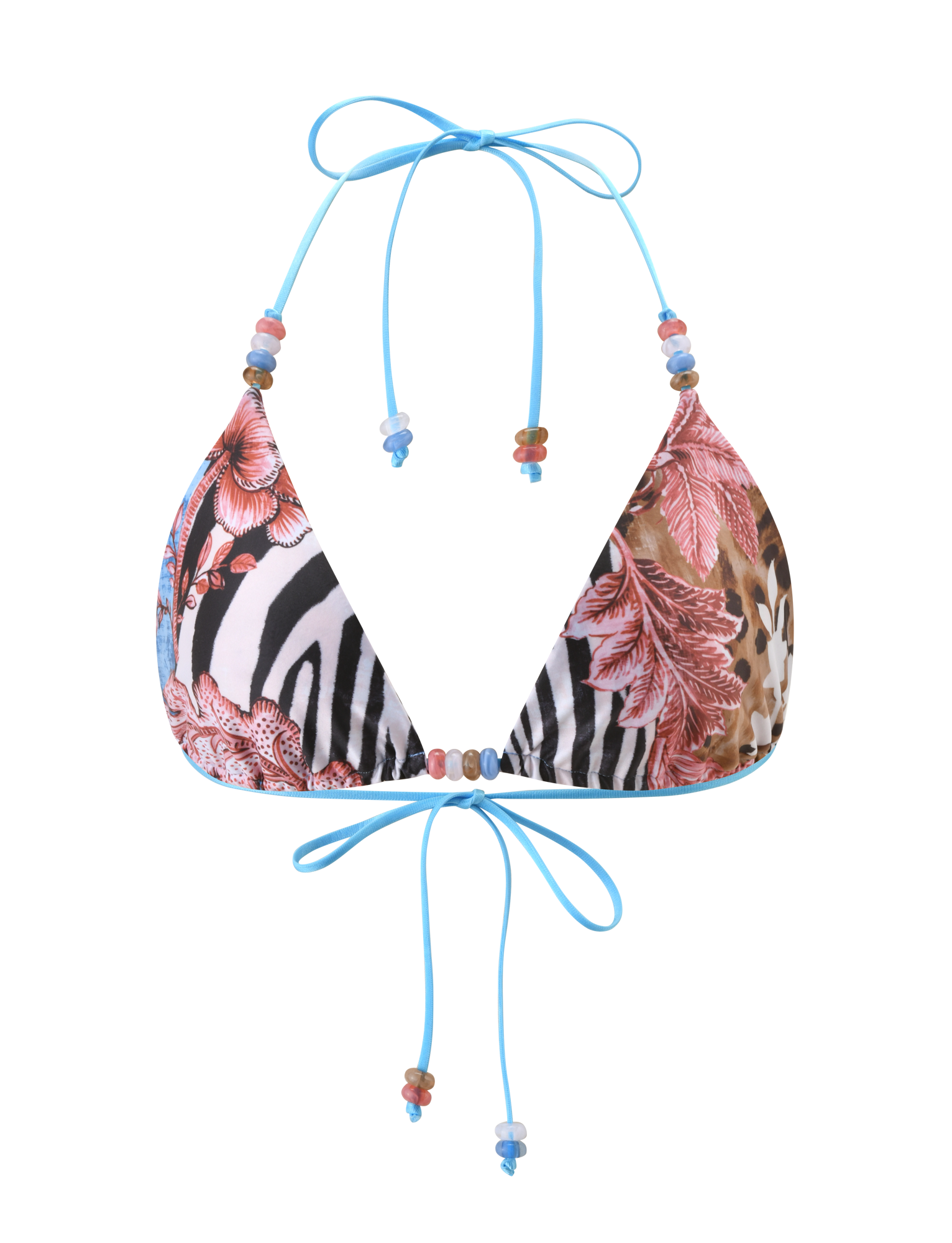 The FINLEA BIKINI TOP - GLOBAL ANIMAL HAZE by TIGERMIST features mixed animal and floral prints, adjustable triangle cups, light blue string ties, and colorful beads at the neck and chest.