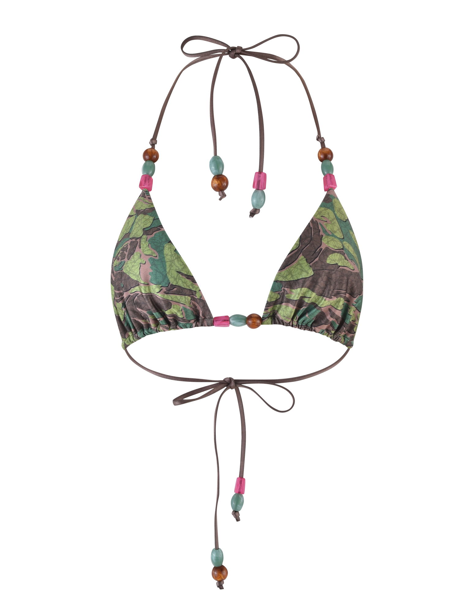 The FINLEA BIKINI TOP - GREEN : CAMO by TIGERMIST features a green camo design with brown string ties, adjustable halter neck, and colorful pink, turquoise, and brown beads on the straps and center.