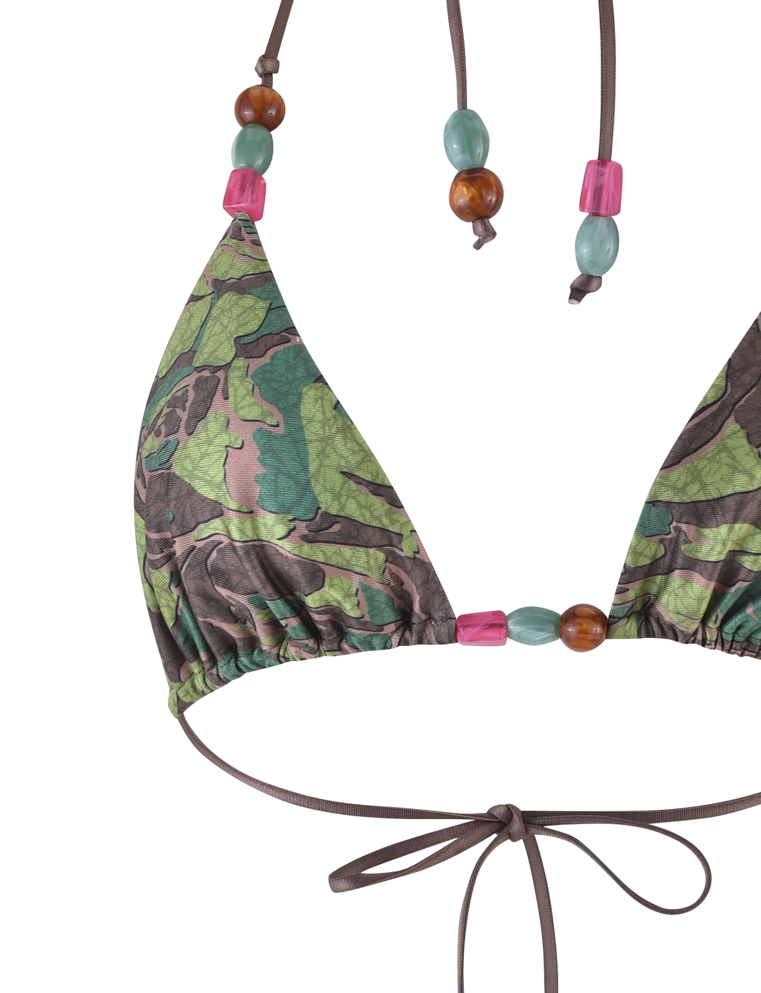 A close-up of the TIGERMIST FINLEA BIKINI TOP - GREEN : CAMO shows its camo print, brown straps, and pink, teal, and brown beads on the adjustable halter neck and center, set against a white background.