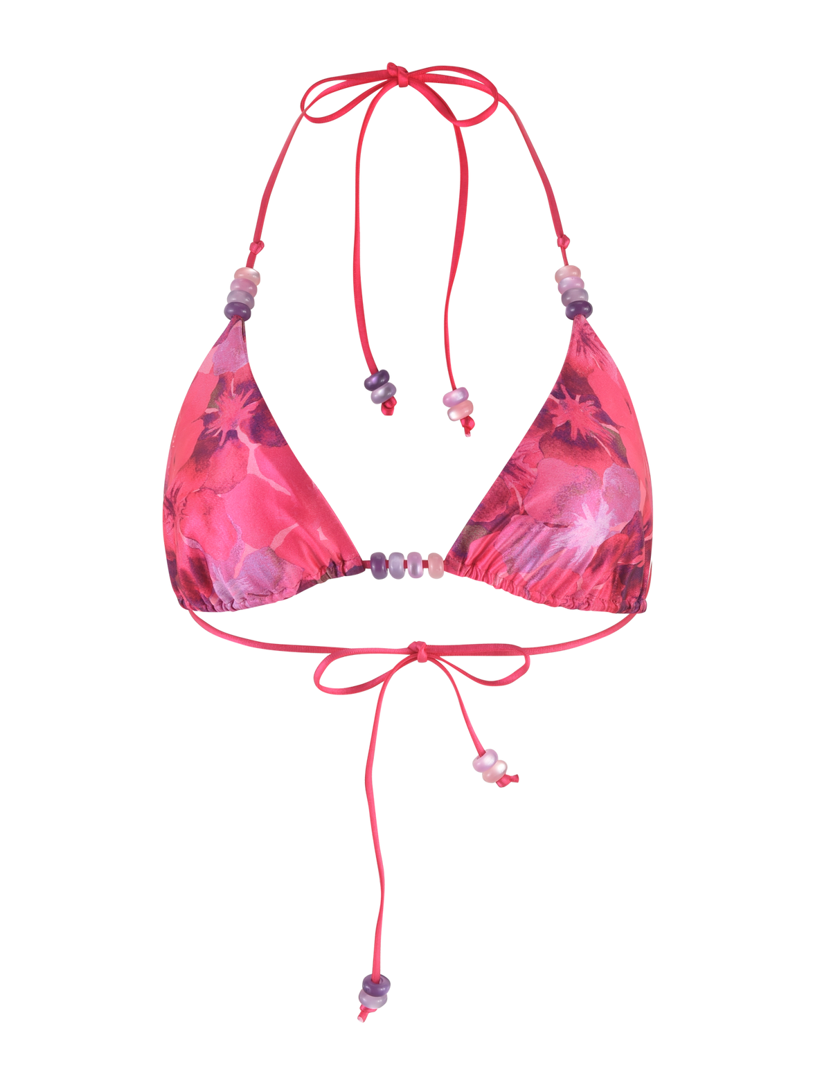 The FINLEA BIKINI TOP - PINK : HIBISCUS by TIGERMIST is a pink triangle bikini top with purple and white hibiscus prints, adjustable halter neck and back ties, plus beaded strap details.
