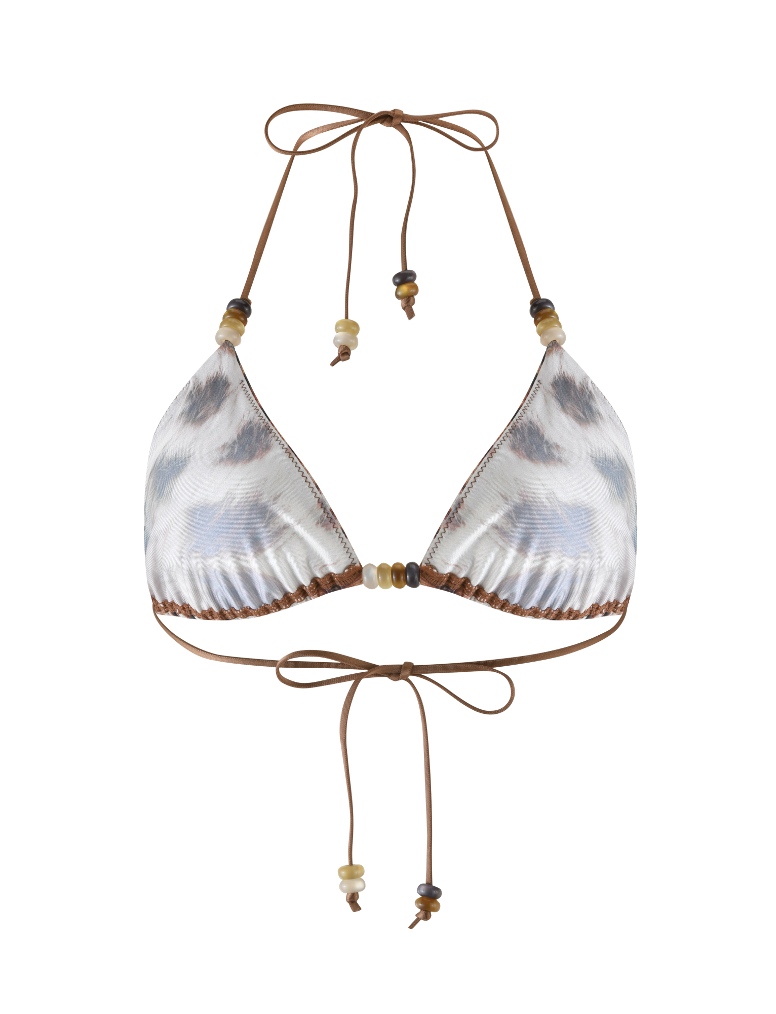 The TIGERMIST FINLEA BIKINI TOP in Leopard Haze features a brown and white leopard print, halter neck with brown ties at the neck and back, and decorative beads on the straps.