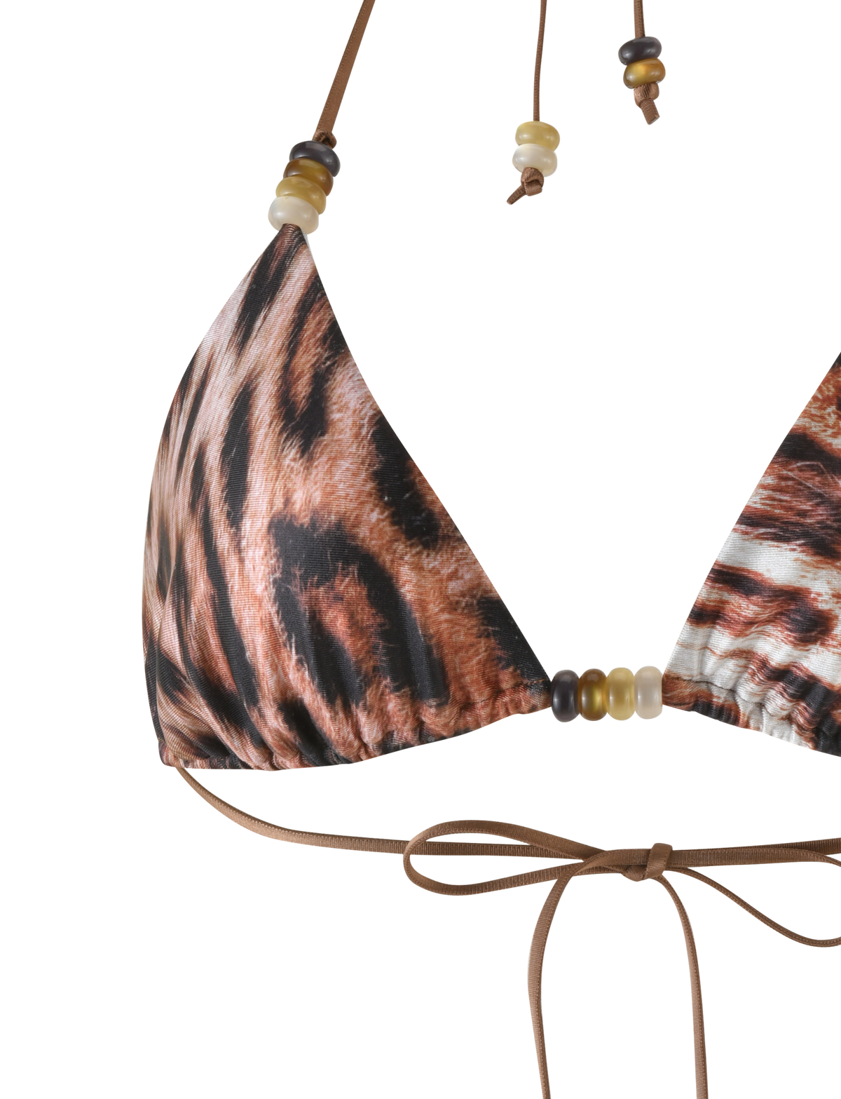 A close-up of the TIGERMIST FINLEA BIKINI TOP in Leopard Haze, featuring an adjustable triangle fit with a leopard print pattern, decorative beads on the straps, and a brown tie bow at the bottom.