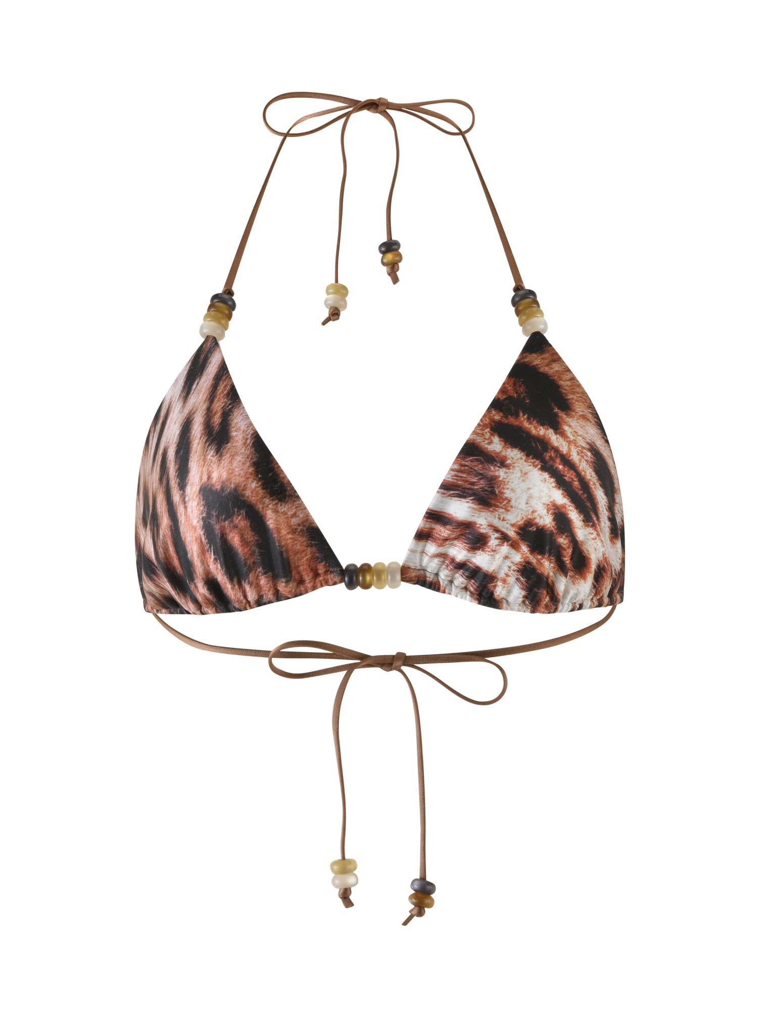 The FINLEA BIKINI TOP by TIGERMIST in Leopard Haze features a halter neck, adjustable triangle cups, back ties, and brown and beige bead accents on the straps.