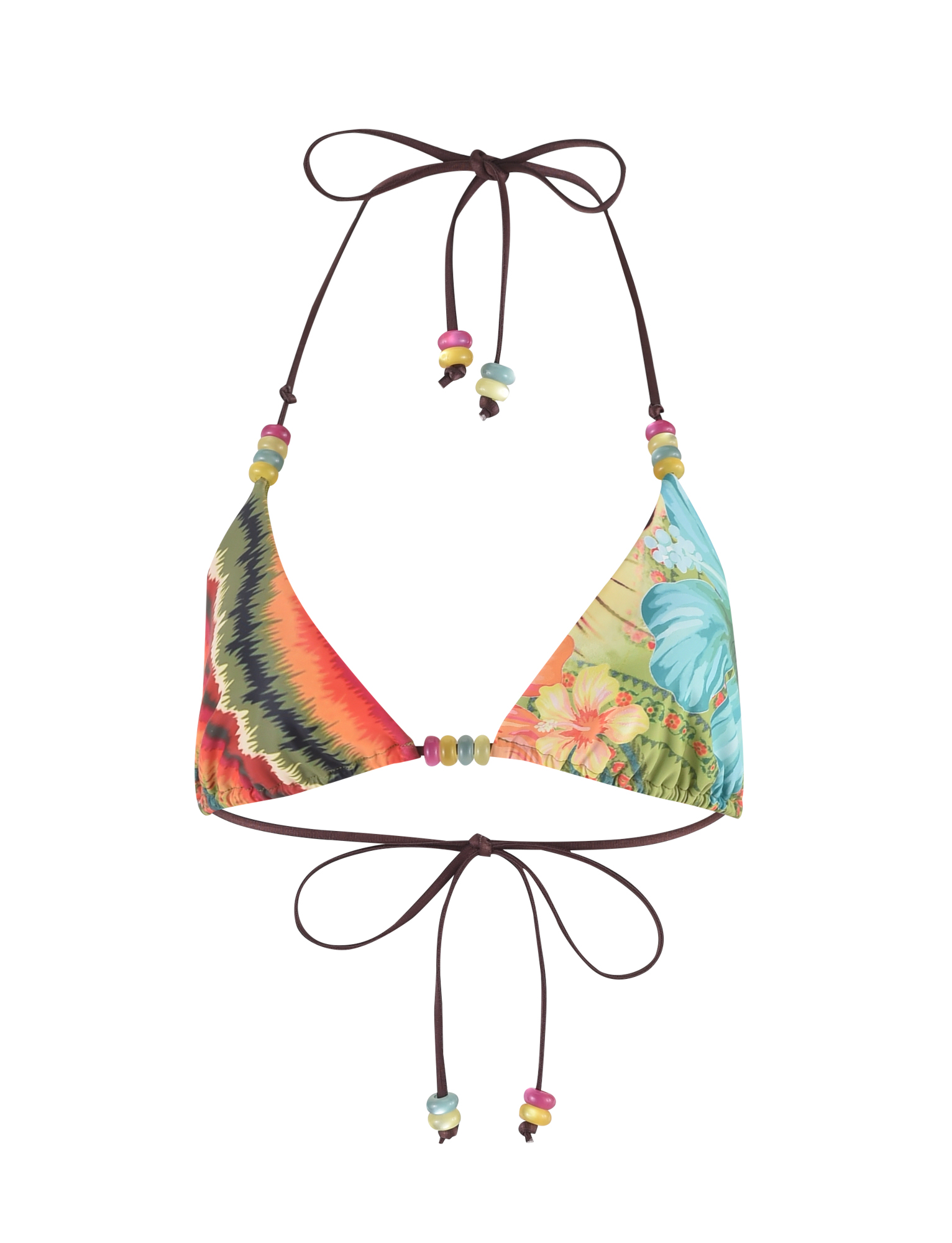 The FINLEA BIKINI TOP by TIGERMIST features a tropical floral print, beaded details, and an adjustable halter neck with multicolored beads on the ties.