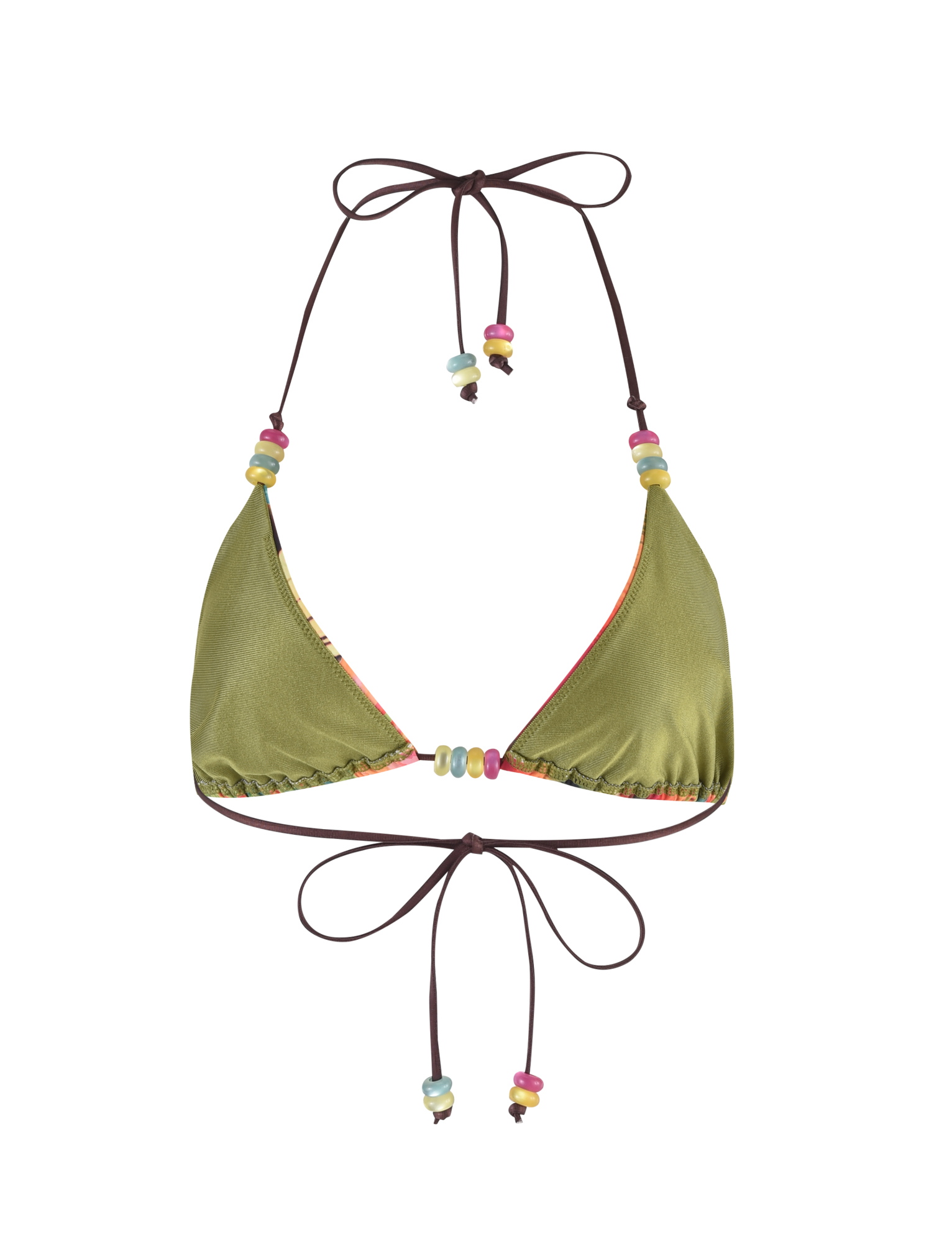 The FINLEA BIKINI TOP - MULTI : TROPICAL FLORAL by TIGERMIST features a green triangle shape, tropical floral print, adjustable halter neck, brown back ties, and colorful beaded strap details, shown on a white background.