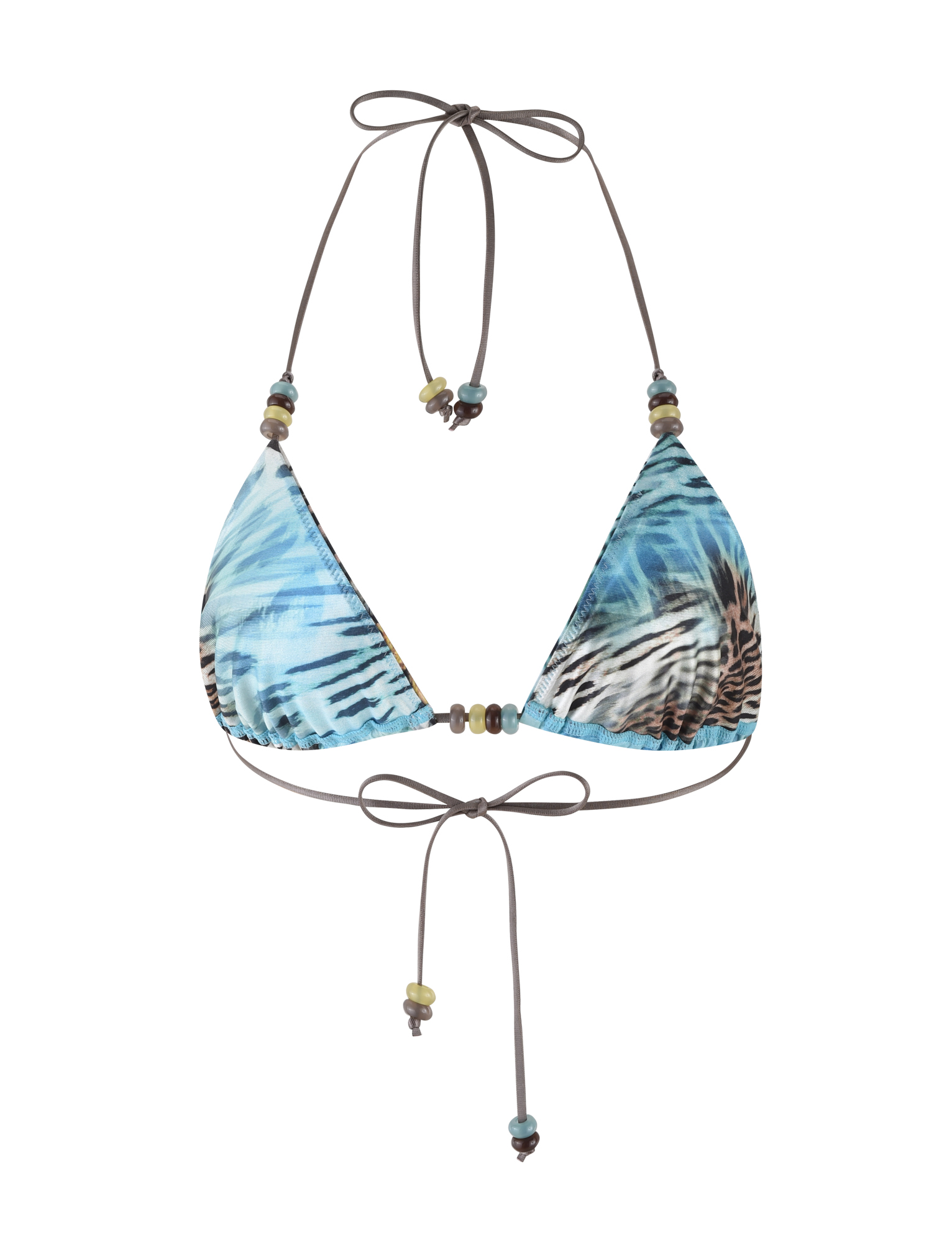 The FINLEA BIKINI TOP by TIGERMIST features a butterfly animal print, brown patterned detailing, an adjustable halter neck, and thin brown straps with decorative beads at the ties and center.