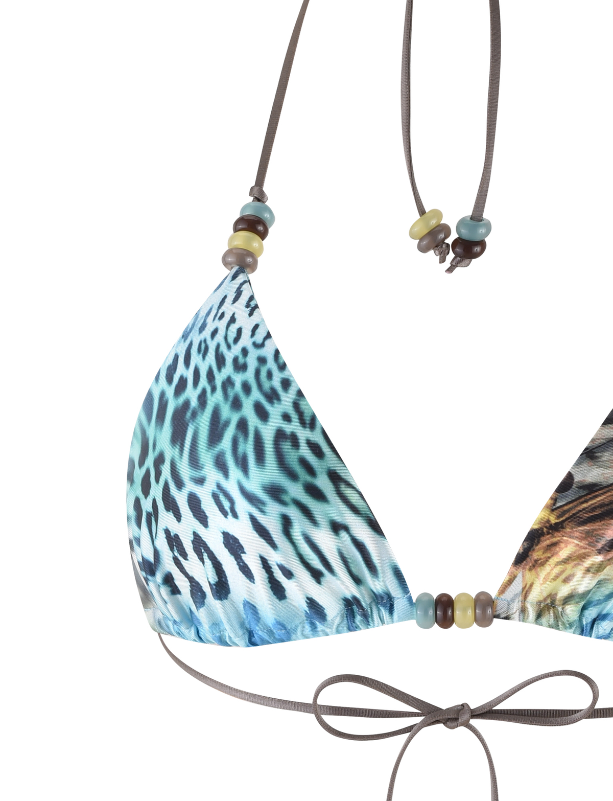 The TIGERMIST FINLEA BIKINI TOP - MULTI : ANIMAL : BUTTERFLY ANIMAL features a blue and black leopard print, adjustable halter neck, brown string ties, and multicolored beads on the straps.