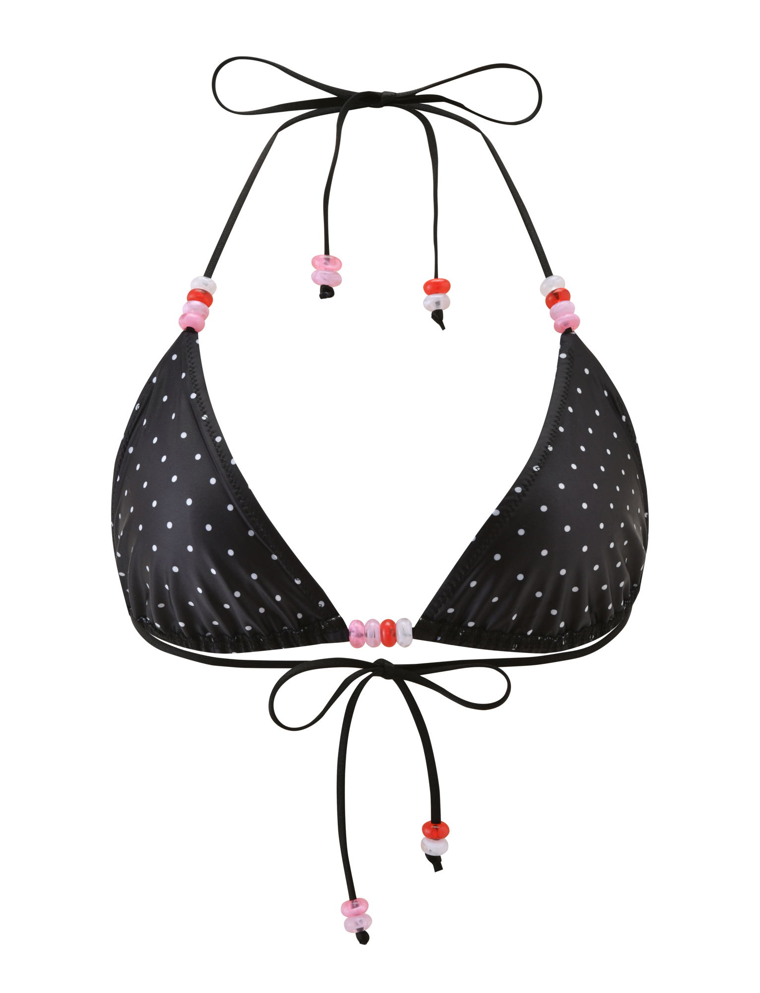 The TIGERMIST FINLEA BIKINI TOP - POLKA DOT BLACK CREAM features triangle cups, a halter neck, and adjustable black strings with pink and red beaded accents.