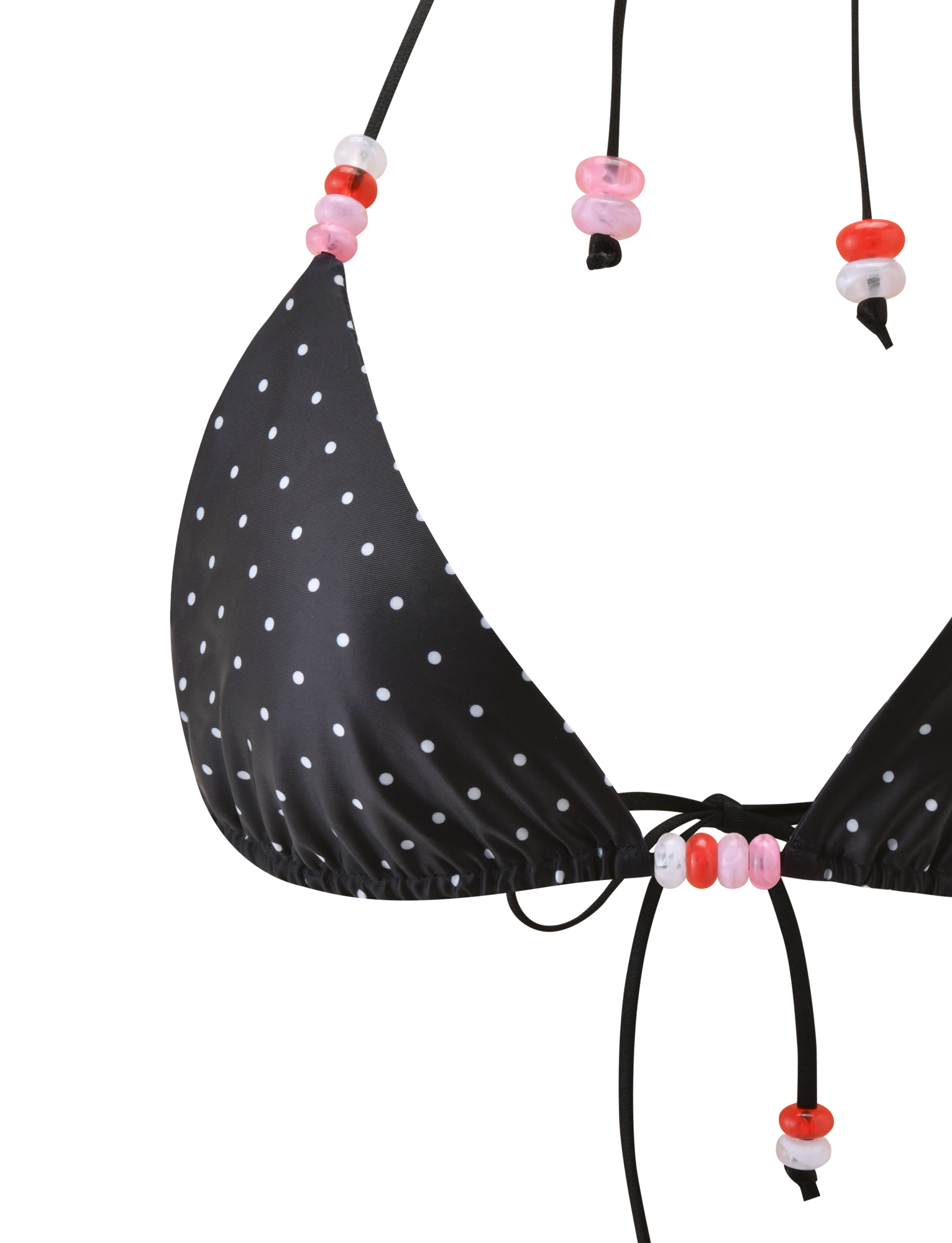 Close-up of the TIGERMIST FINLEA BIKINI TOP - POLKA DOT BLACK CREAM, featuring black strings with pink, white, and red beads. This adjustable halter-neck bikini top is shown against a plain white background.