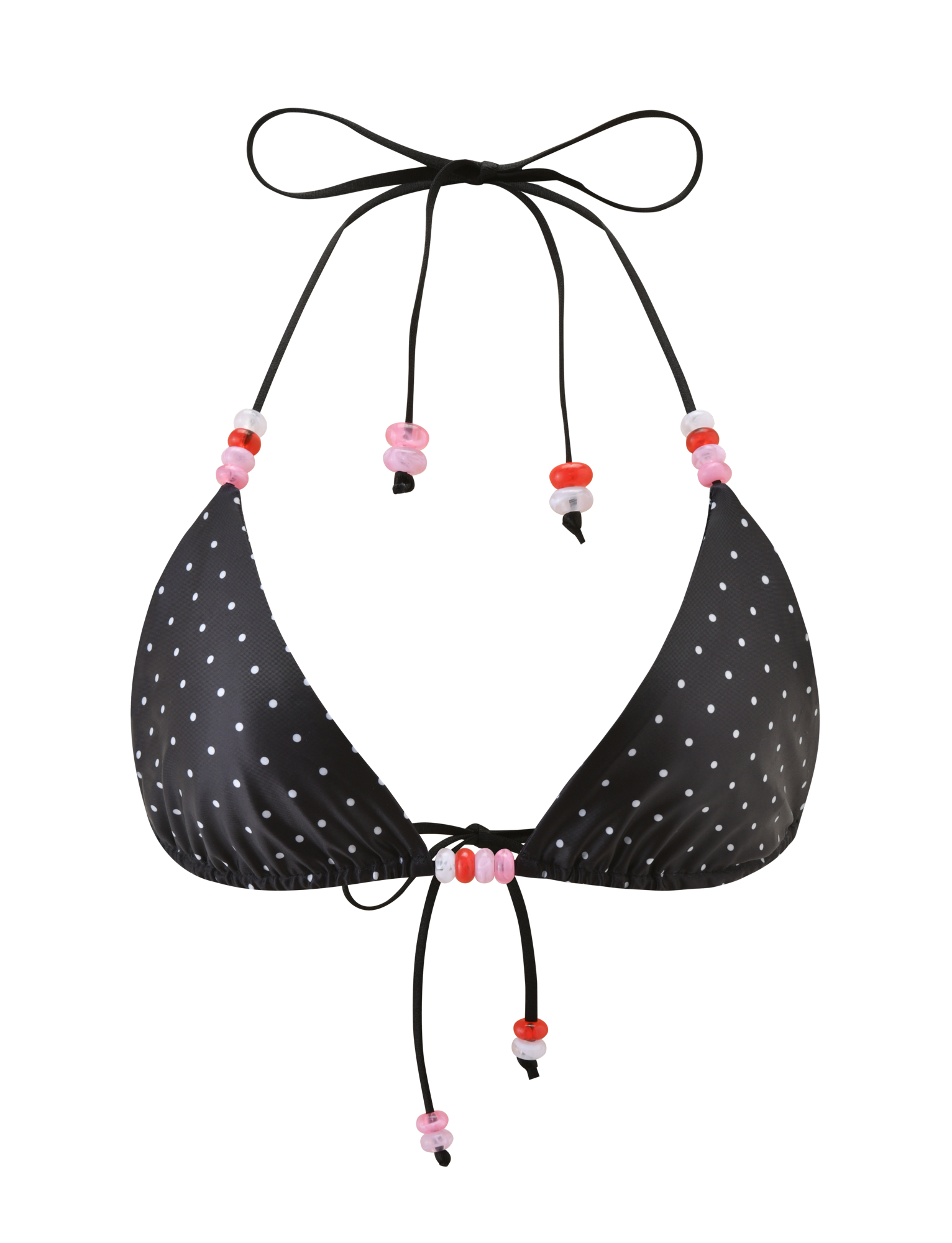 The FINLEA BIKINI TOP - POLKA DOT BLACK CREAM by TIGERMIST features a halter neck design with adjustable black strings, accented by pink and red beads on the ties.